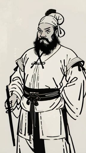 (((Monochrome)))、(((Ink Painting)))、((ancient china、Bearded man with a bun and a white swimming cap))、Hands on hips、Line art、Oriental、Ultra-high resolution、Game Poster、Crisp and beautiful image quality、whole body ,(ancient china鎧, Dragon head on shoulder, (ancient china鎧 with intricate pattern:1.2), gloves, Long trousers, (Very detailed, bloom:1.5), (Highest quality, Concept Art, 4K), (analog:1.2), (high sharpness), (Detailed pupil:1.1), Detailed face and eyes, masterpiece, Highest quality,8k, (Black Hair, Dynamic Short Hair), (PurerosFace_v1:0.2), [:(Detailed face:1.2):0.2], sharp, Realistic Shadows,  