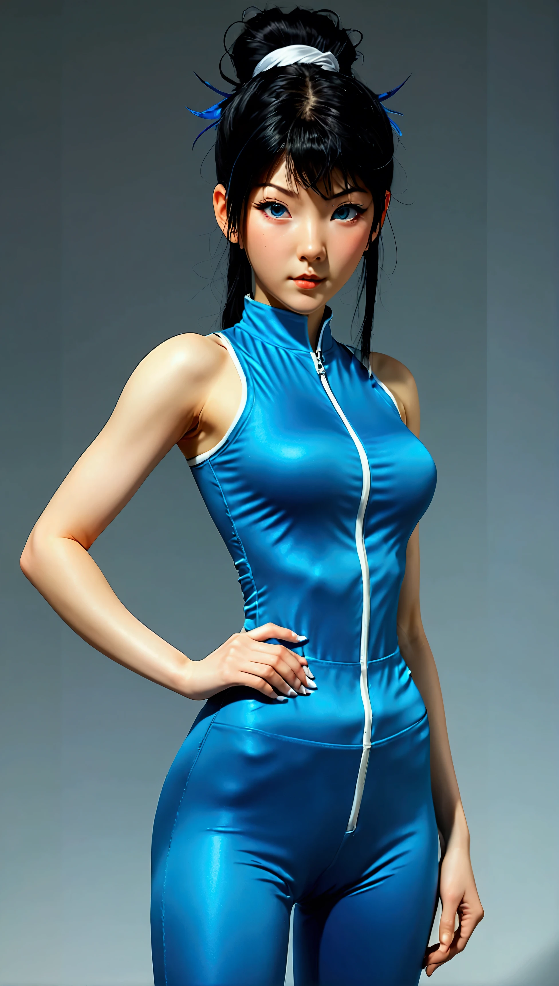 (Masterpiece, UHD, extremely high quality, hyper-realistic, photorealistic, ultrarealistic:1.5), (Hinata Hyuga from Naruto, depicted in a sleek, ultra-realistic spandex fitness jumpsuit from Hirogato:1.4), (toned physique, black hair, piercing blue eyes:1.4), (satin jumpsuit clinging to her curves, emphasizing defined muscles:1.4), (digitally rendered portrait with cinematic, photo shoot quality:1.3), (shot on a 25mm lens with depth of field, blur tilt, shutter speed 1/1000, f/22, and white balance:1.3), (32k, super resolution, Pro Photo RGB:1.4), (half backlight, dramatic lighting, incandescent, soft lighting, volumetric effects:1.3), (post-processing and post-production incorporating CGI, VFX, SFX, global illumination, screen space reflections, diffraction rating, chromatic aberration, GB shift, scan lines, ambient occlusion, anti-aliasing, FKAA, TXAA, RTX, SSAO:1.4), (incredibly detailed, intricate, hyper-maximalist portrayal of Hinata's strength and beauty:1.5), (ultrarealism, ultradetailism, hyperrealism:1.4), (ultra detailed and perfect eyes, perfect waist:1.5).