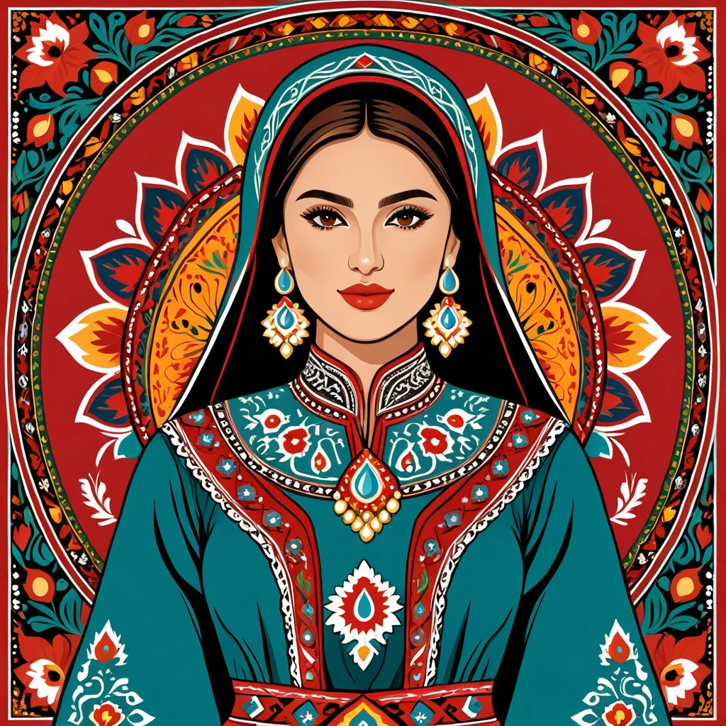 woman in azerbaijan folk outfit, vector graphics, strong contours
