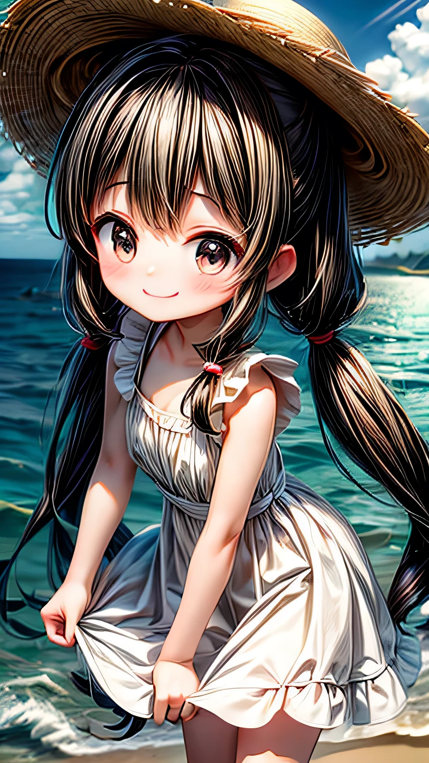 最high quality, masterpiece, , ,short, Huge breasts, Black Hair,Low twin tails, Black eyes, Yukinecris, Thin twin tails,, Beach, Ocean, White Dress, White Skirt, White dress, Straw hat, (((shy))), (Happy), Leaning forward, summer, From above, Reaching out, smile, masterpiece, 最high quality, high quality, High resolution、 ((smile)), smileで、((Random pose))、