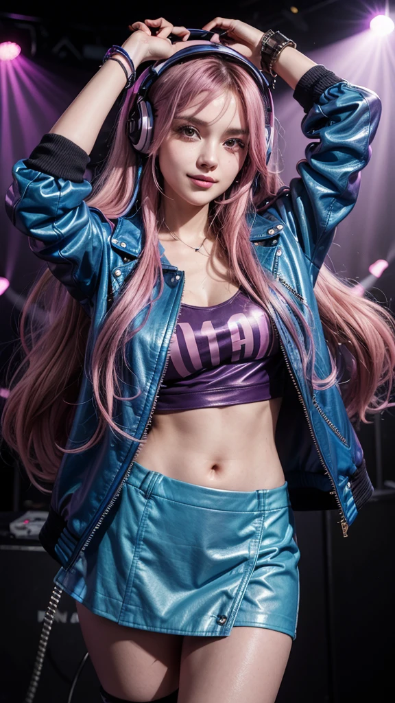 A DJ with long, wavy hair in shades of pink and dark blue, wearing a purple leather jacket and a blue vinyl skirt, dancing to the beat of the music with golden headphones in your ears. She is on a club stage with purple and blue neon lights, Looking directly into the camera with a confident smile, while your jacket reflects the light around.