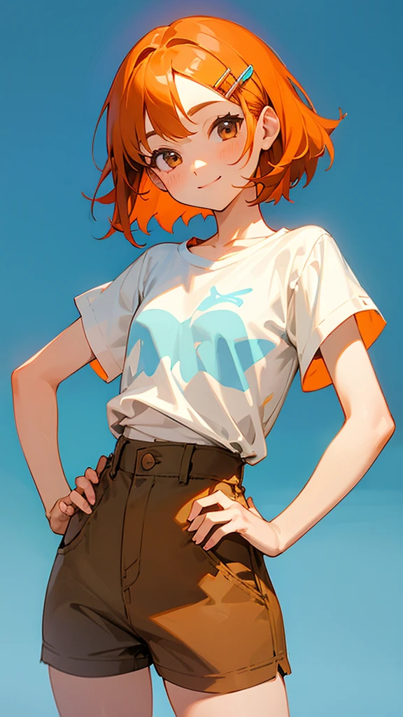 1 girl、Cowboy Shot、Simple T-shirt、light blue medium hair、Beautiful brown eyes、Orange Hair Clip、Flat Chest、smile、Keep your hands on your hips、Shorts
