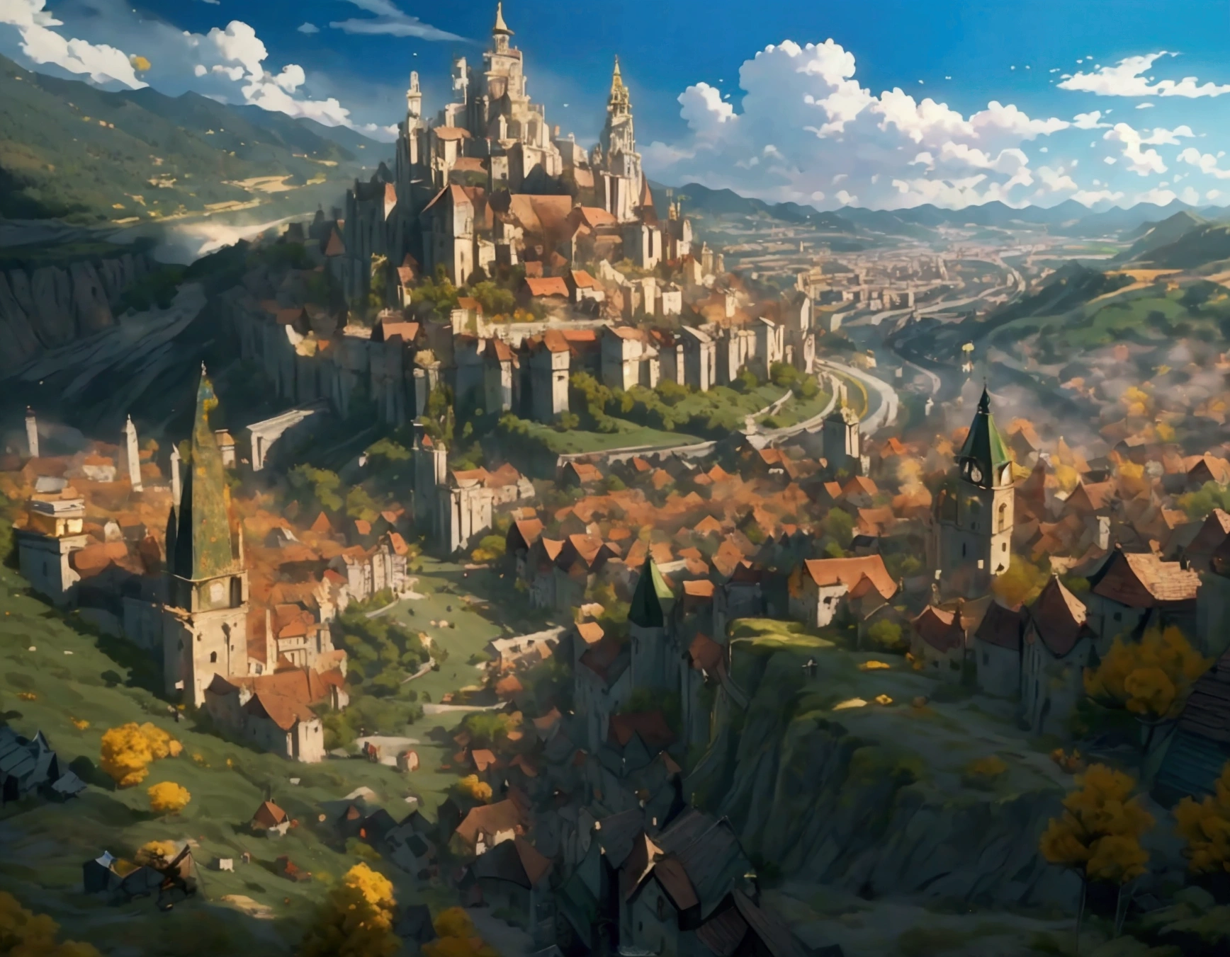 City Vision，Magnificent and luxurious Western fantasy，The city is surrounded by forests，The time is daylight，Medieval European city，Very beautiful city，The city cluster is concentrated in the center of the picture，The picture is surrounded by forest，Cities are not decentralized，The city is located on a hill，The city looks very rich，City of the Gods