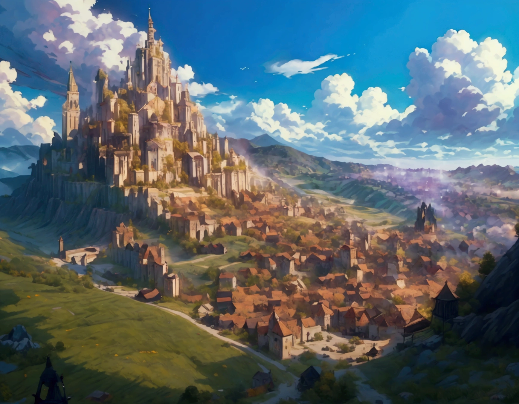 City Vision,Magnificent and luxurious Western fantasy,The city is surrounded by forests,The time is daylight,Medieval European city,Very beautiful city,The city cluster is concentrated in the center of the picture,The picture is surrounded by forest,Cities are not decentralized,The city is located on a hill,The city looks very rich,City of the Gods