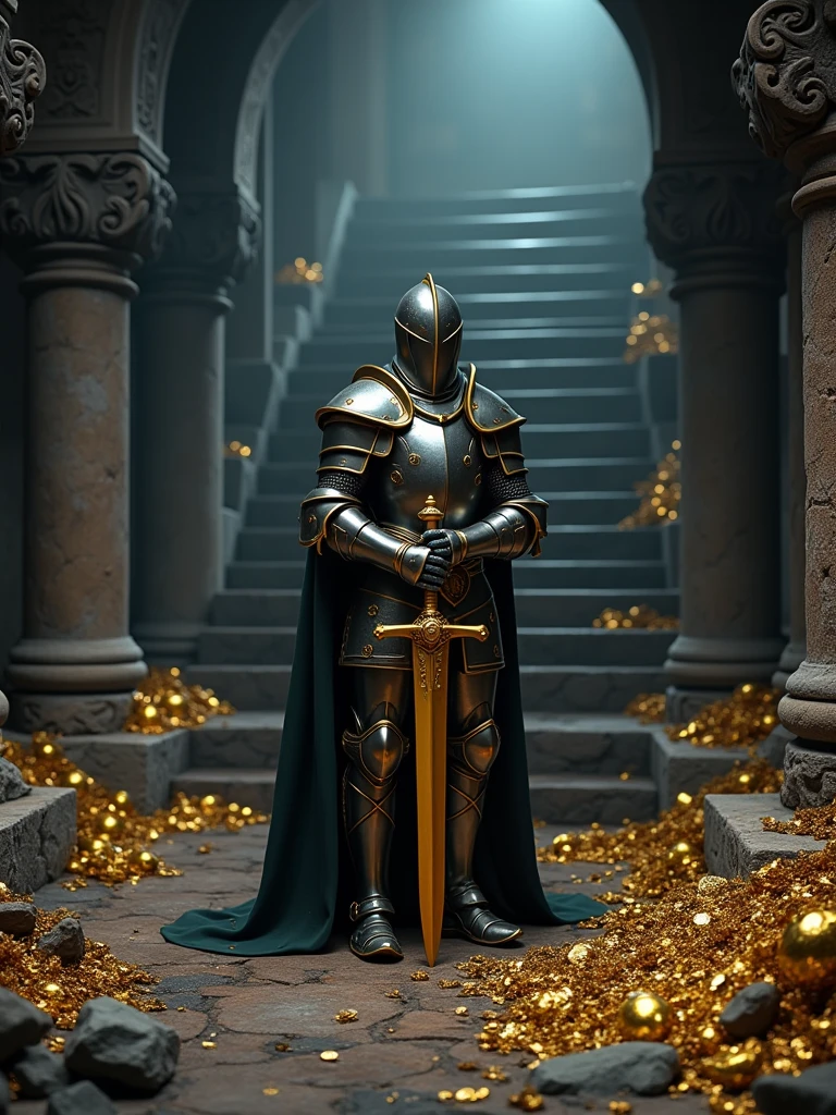 (masterpiece:1.2), (best quality:1.2), 8k, HDR, ultra detailed, ((photorealistic)), professional light, cinematic lighting, fashion photography, ambient lighting, background, a dark medieval dungeon, Darkness, epiCPhoto, stairs, A knight in armor, holding a golden sword, with gold and silver treasures all over the ground