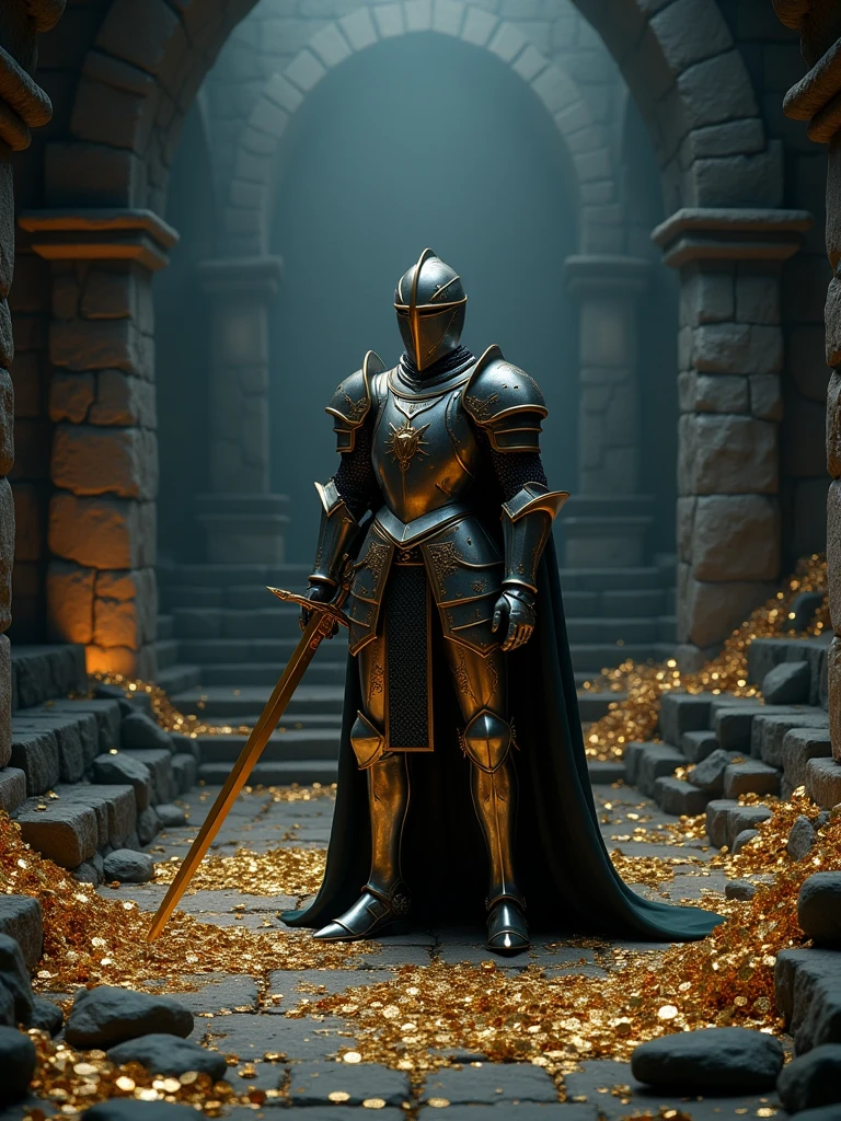 (masterpiece:1.2), (best quality:1.2), 8k, HDR, ultra detailed, ((photorealistic)), professional light, cinematic lighting, fashion photography, ambient lighting, background, a dark medieval dungeon, Darkness, epiCPhoto, stairs, A knight in armor, holding a golden sword, with gold and silver treasures all over the ground