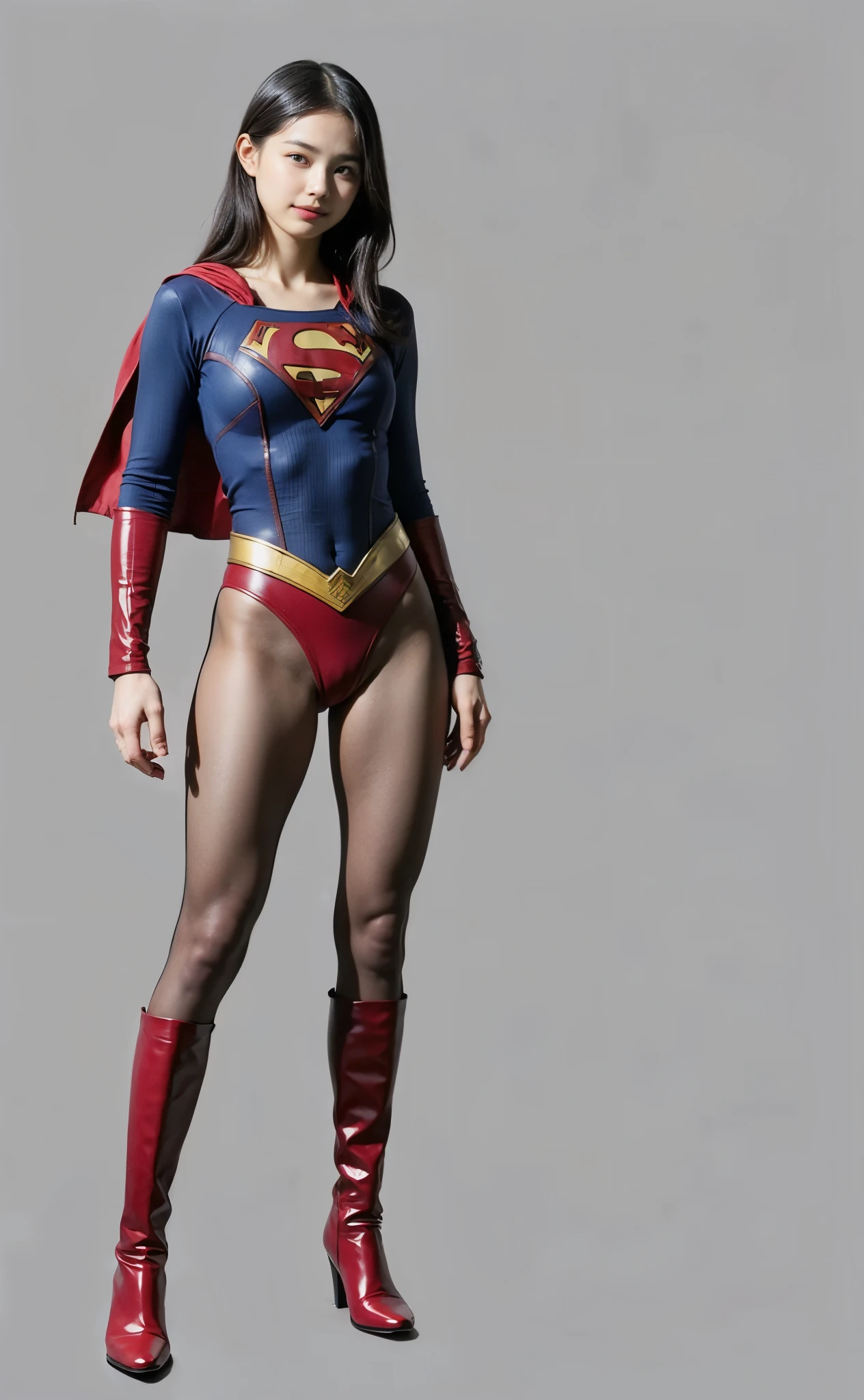 No background、(((Beautiful legs in black tights.)))、(((Legally express the beauty of your smile)))、((((Make the most of your original images)))、(((Supergirl Costume)))、(((Beautiful boyish short hairstyle)))、(((suffering)))、(((Please wear black tights....、Wear red boots)))、((Best image quality、8k))、((Highest quality、8k、masterpiece:1.3))、(((Preserve background )))、Sharp focus:1.2、Beautiful woman with perfect figure:1.4、Slim Abs:1.2、Wet body:1.5、Highly detailed face and skin texture、8k