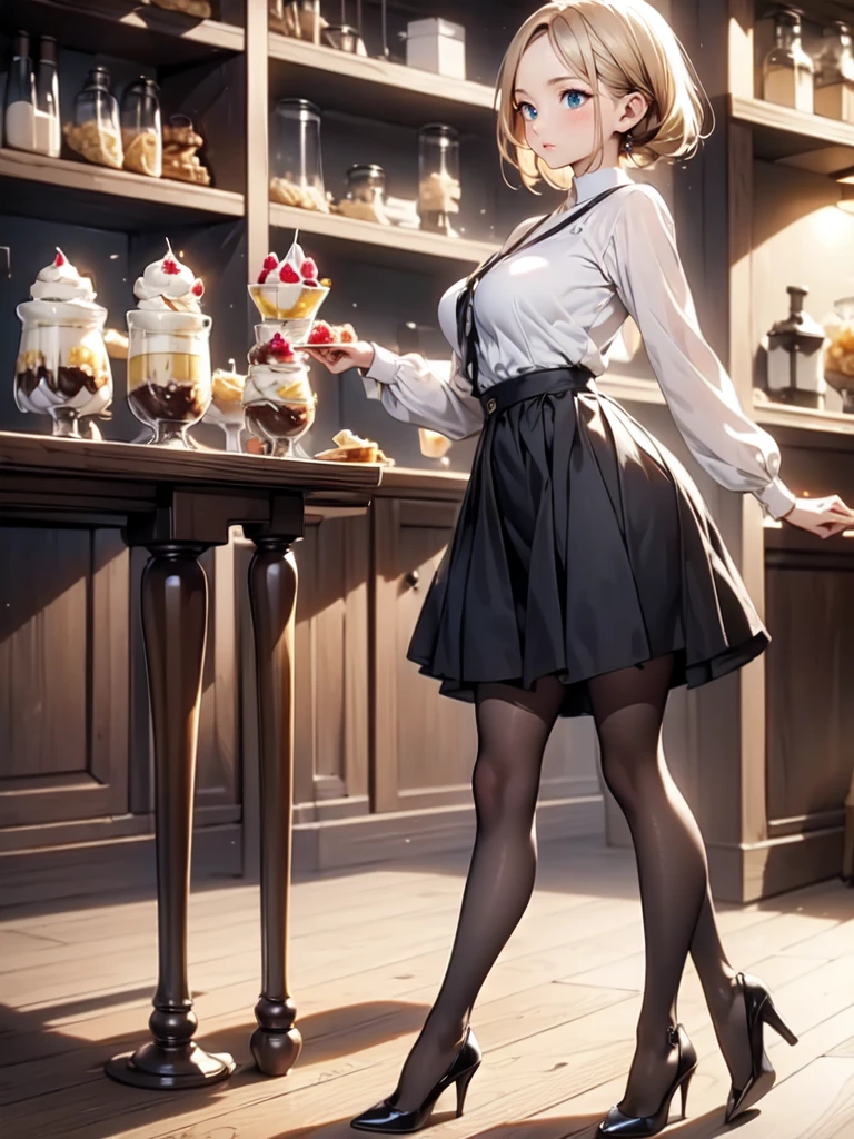 (masterpiece:1.3),(best quality, highest quality),((Full Body Shot,Including face)),()1girl,4K,masterpiece,((Focus on the face)),((Symmetrical facial features)),Beautiful woman,(slender),((High heels,Patterned stockings with straps)),Detailed depiction of the face, Cafe clerk ,bar counter,profile,Long skirt,slenderな女性,Green Cafe uniform,Age 25,(((Make a banana parfait)))