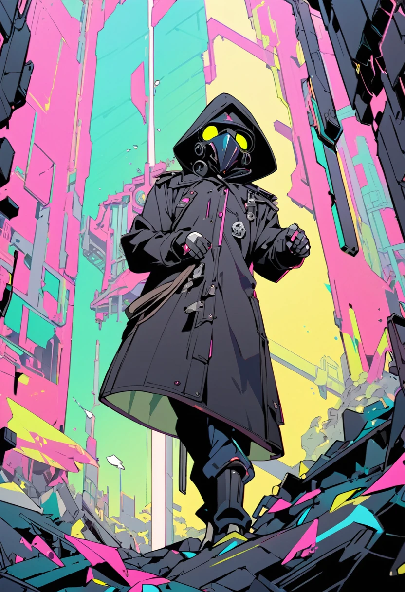 (masterpiece, best quality:1.1), (ultra highres, ultra-detailed:1.2),(doodle),pop-art,(pastel color,flatcolor),one chibi-boy,(male Mad-scientist,short hight),(wearing plague-doctor costume,white beak-mask),eyes glow pastelcolor,black hood,black lab-coat, mecha arm, BREAK boy pose,in mechanical ruins,absurdity, extraordinary,dynamic angle,