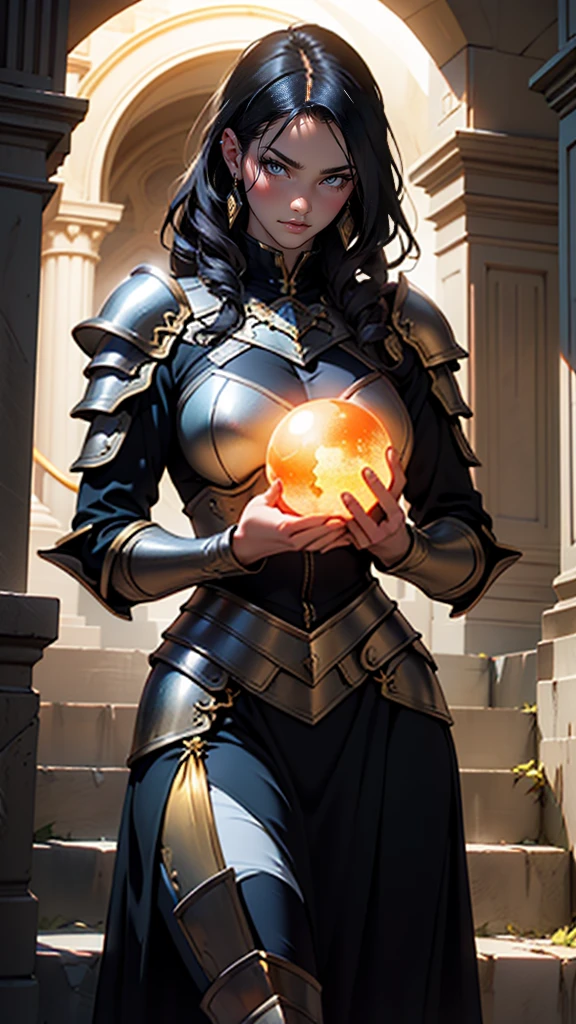(work of art:1.2), (best qualityer:1.2), 8k, HDR, ultra detaild, ((photorrealistic)), professional light, cinematic lighting, fashion shooting, ambient lighting, fund, a dark medieval dungeon, darkness, epic photo, fire, staircase, A woman in cloth armor, breasts big, holding a golden glowing sphere with both hands.
