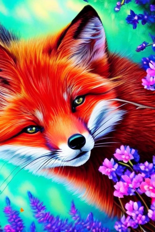 In a mesmerizing mystical scene, a red fox with bushy tail and piercing blue eyes sniffs the wind, its fur brushing against its hooves. Its eyes crinkle like feathers, and its paws cling to the muzzle as it gazes engrossed in a serene moment. The strokes of the fox's fur are vivid and cheerful, capturing the essence of a vibrant romantic mood. The scene is brought to life with bright colors, bold lines, and vibrant scents of light. The overall effect is both exhilarating and whimsical, capturing the essence of the wildness and chaos of modern art.