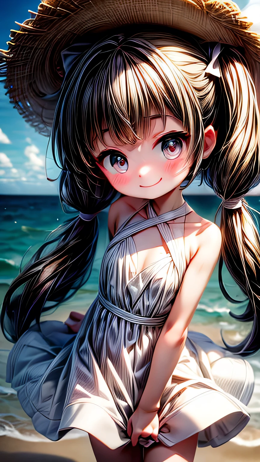 最high quality, masterpiece, , ,short, Huge breasts, Black Hair,Low twin tails, Black eyes, Yukinecris, Thin twin tails,, Beach, Ocean, White Dress, White Skirt, White dress, Straw hat,  (((shy))), (Happy), Leaning forward, summer, From above, Reaching out, smile, masterpiece, 最high quality, high quality, High resolution､ ((smile)), smileで､((Random pose))､