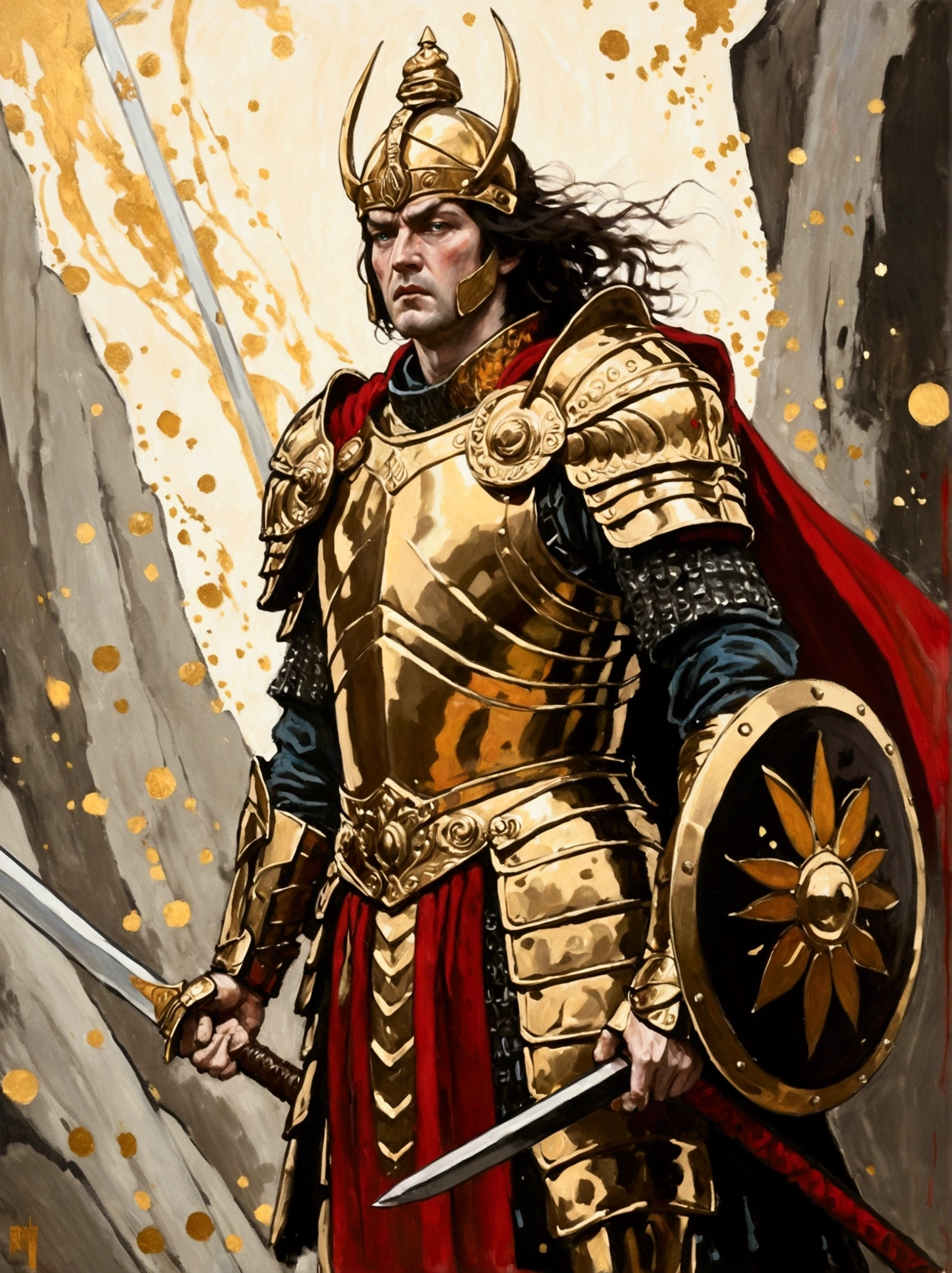 A majestic warrior, swathed in shimmering armor and brandishing a grand sword, is standing in the middle of an intense battle. This scene takes inspiration from the key elements of Gustav Klimt's celebrated golden era. The composition is vibrant and lively, with bold strokes. The palette of colors used are intense, and they beautifully illustrate the raw strength and unwavering spirit of the warrior. This digital painting, employs a myriad of digital techniques, giving it a soft and delicate quality that adds an otherworldly charm to the tumultuous battlefield. Be engrossed in this enthralling world of high fantasy, where lore is crafted and champions vie. Admire the complex adornment of the warrior's armors, the shining edge of the blade, and the active energy of the battle happening before you. Every stroke of this digital work of art catapults you to a universe where bravery and determination are the order of the day.