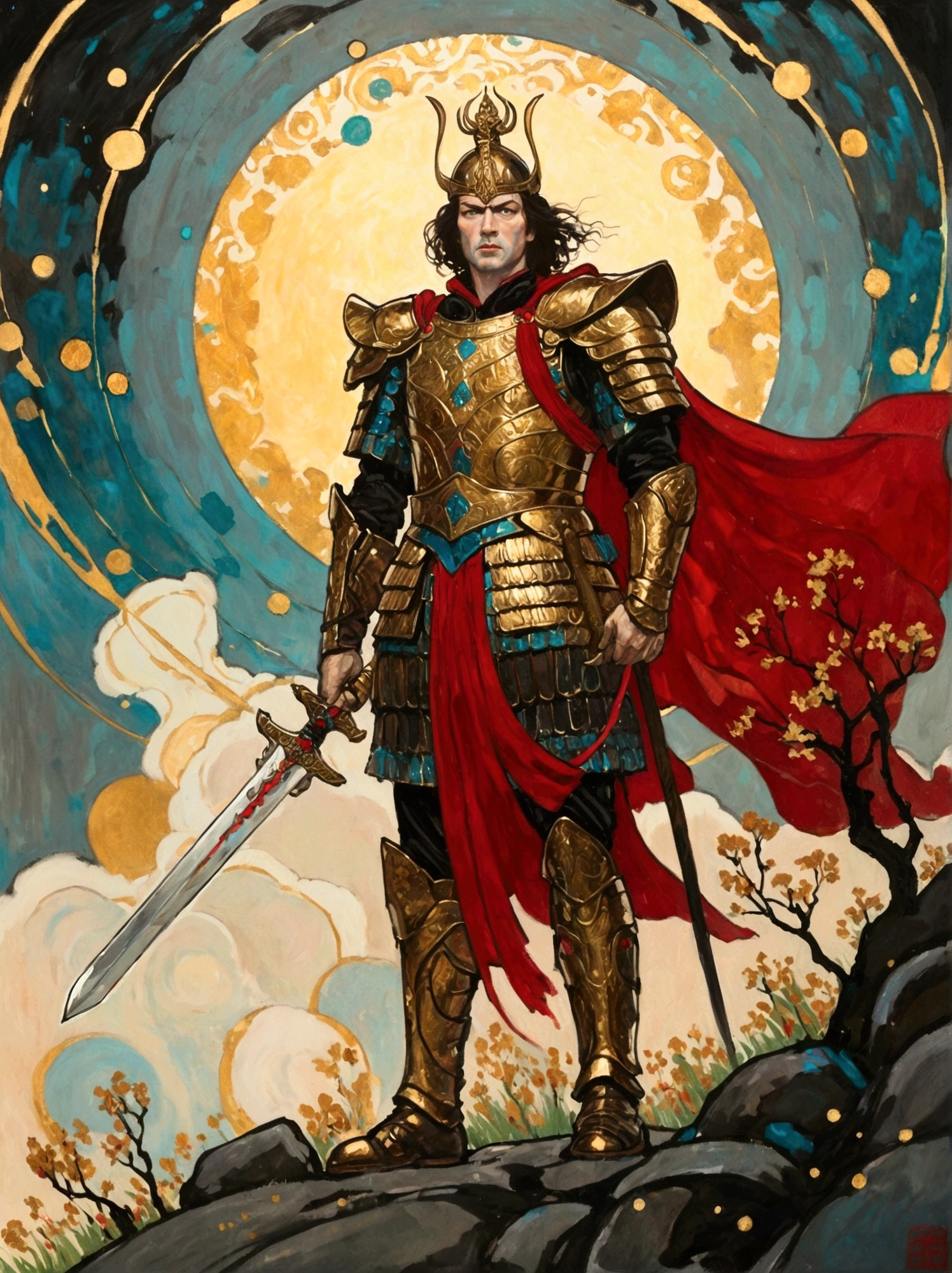 A majestic warrior, swathed in shimmering armor and brandishing a grand sword, is standing in the middle of an intense battle. This scene takes inspiration from the key elements of Gustav Klimt's celebrated golden era. The composition is vibrant and lively, with bold strokes. The palette of colors used are intense, and they beautifully illustrate the raw strength and unwavering spirit of the warrior. This digital painting, employs a myriad of digital techniques, giving it a soft and delicate quality that adds an otherworldly charm to the tumultuous battlefield. Be engrossed in this enthralling world of high fantasy, where lore is crafted and champions vie. Admire the complex adornment of the warrior's armors, the shining edge of the blade, and the active energy of the battle happening before you. Every stroke of this digital work of art catapults you to a universe where bravery and determination are the order of the day.