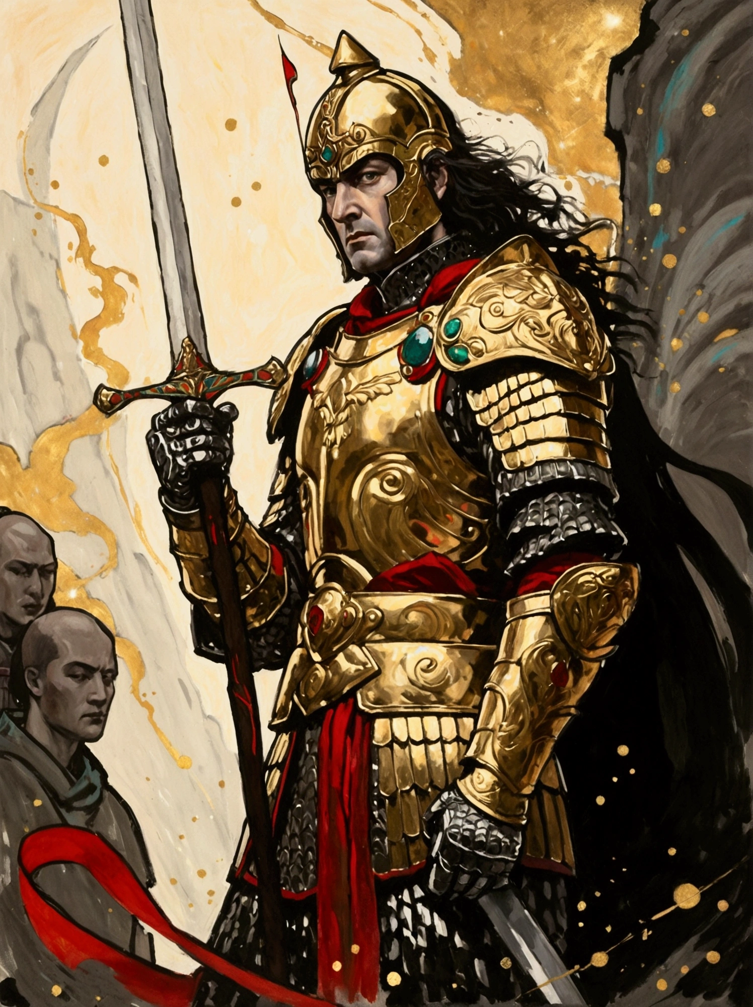 A majestic warrior, swathed in shimmering armor and brandishing a grand sword, is standing in the middle of an intense battle. This scene takes inspiration from the key elements of Gustav Klimt's celebrated golden era. The composition is vibrant and lively, with bold strokes. The palette of colors used are intense, and they beautifully illustrate the raw strength and unwavering spirit of the warrior. This digital painting, employs a myriad of digital techniques, giving it a soft and delicate quality that adds an otherworldly charm to the tumultuous battlefield. Be engrossed in this enthralling world of high fantasy, where lore is crafted and champions vie. Admire the complex adornment of the warrior's armors, the shining edge of the blade, and the active energy of the battle happening before you. Every stroke of this digital work of art catapults you to a universe where bravery and determination are the order of the day.