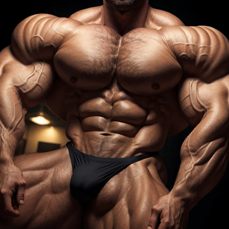 a man, short hair, shirtless, massively muscular, massively large muscles, massively large biceps, with massively large pecs, looking up with eyes closed, on a black background seen from above