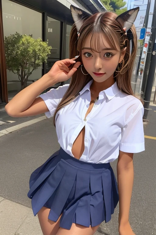 ((日本のギャルのgirl)),(Fox Ears) (a beauty girl), delicate girl:1.3), (************:1.3), break,(Fox Ears)、 (High school girl wearing summer uniform), break, Very good transparency, (Symmetrical eyes:1.3), break, (On the streets of Shibuya), break, ((Small breasts)), Brown eyes, ((Gal Hairstyles)) , girl, break, (Eye and facial details:1.0), break, (masterpiece, Highest quality, Very detailed, Detailed face, 8k)、((Unbutton your shirt))、((Unbutton your shirt))、((View your viewers))、(Dynamic Movement)、With open arms