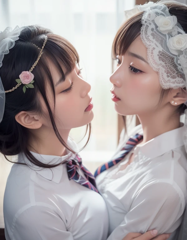 8k,masterpiece,Japanese,best quality, two (schoolgirls:1.1), kiss, (frustrated:1.2)