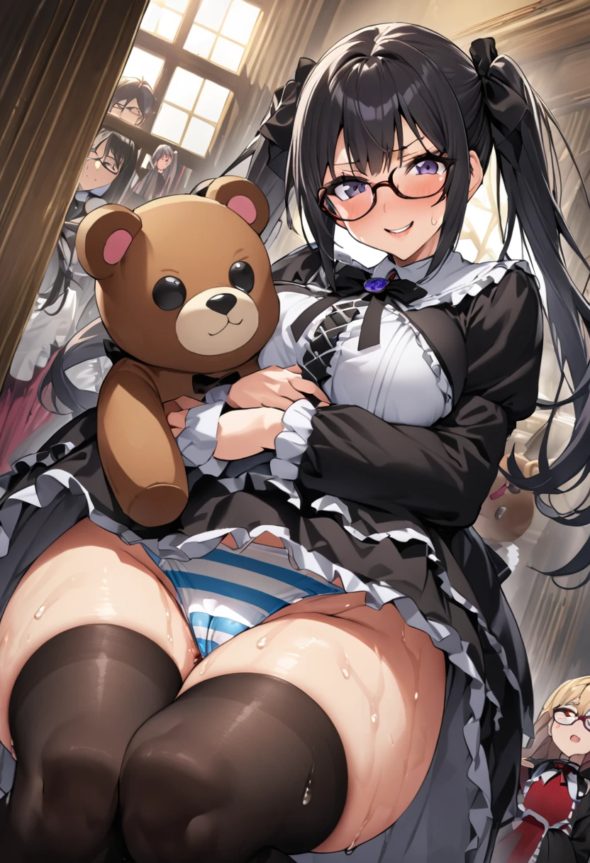 Ultra-high definition image quality、beautiful girl、high school girl、One Man、18-year-old、Pigtails、Glasses girl、 Black Pantyhose、Devilish smile、hugging a teddy bear、Frill dress、Black Hair、Big ribbon、Gothic Lolita Room、a large number of stuffed animals、Highest quality, Big Ass、Large Breasts 、Thick thighs、Squat with your legs apart、Striped panties、Sweaty buttocks、Sweaty ass、Reaching orgasm、Sweaty crotch、Angle from directly below、Obscene hip swing、Lift up your skirt