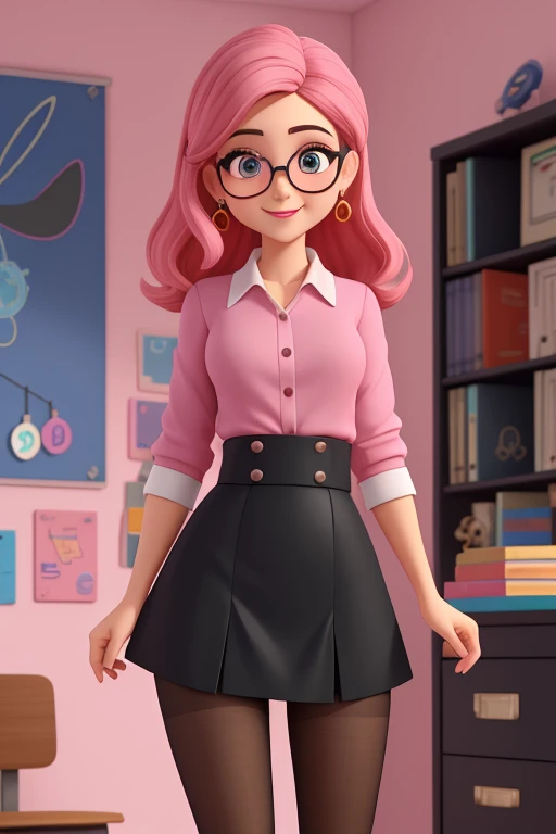 ((master part))), best quality, ultra-detalhado, A lovely woman, com olhos amendoados, cabelo longo e castanho escuro, wearing a pink beard blouse and black  tiny  miniskirt,  blue pantyhose,  sapatilhas, wearing rectangular and black glasses. He is in his psychology office happily decorated with Disney toys.