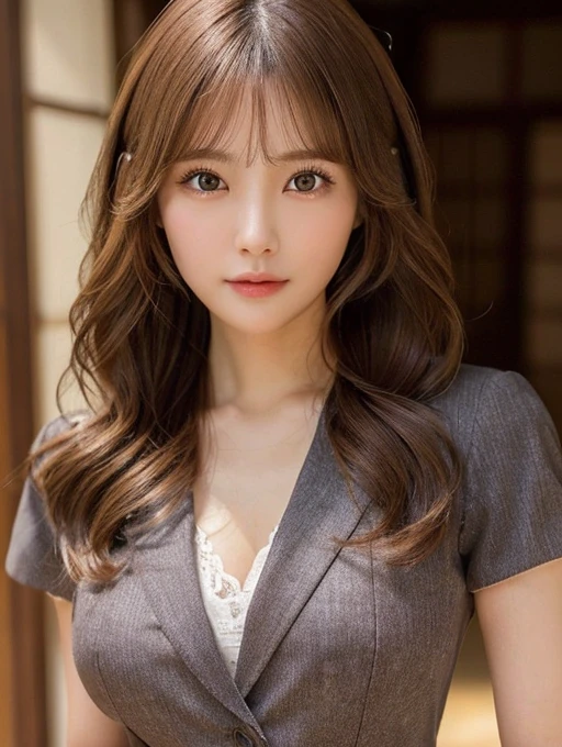 Realistic:1.2,masterpiece,Highest quality，8k,((One Japanese woman)),Age 20,Tight waist,String,Perfect Anatomy, Secretary-style suit,Brown Hair, Wavy Hair,Random Hairstyles,Big beautiful breasts,((Highly detailed face and eyes))(Cute Face:1.4)，Beautiful actress face，Perfect golden ratio face，Random sexy poses，Cowboy Shot