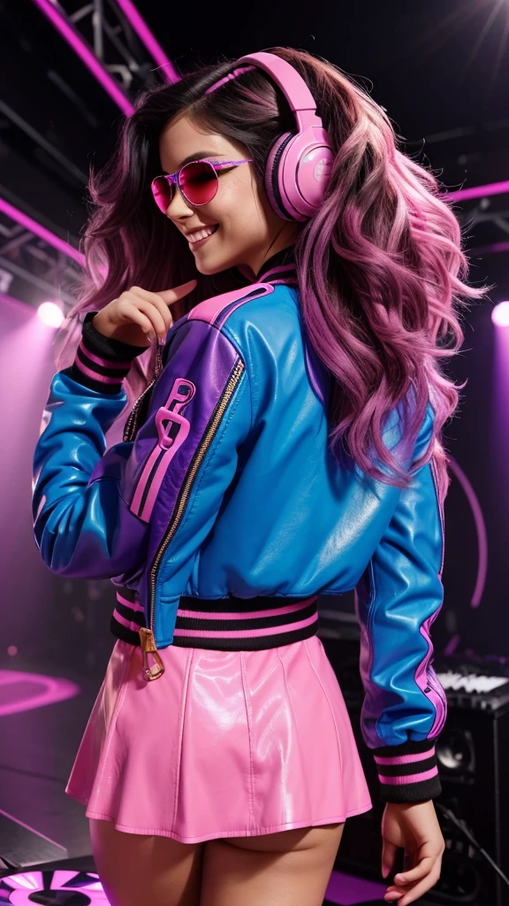 A DJ with long, wavy hair in shades of pink and dark blue, wearing a purple leather jacket and a blue vinyl skirt, dancing to the beat of the music with golden headphones in your ears. She is on a club stage with purple and blue neon lights, Looking directly into the camera with a confident smile, while your jacket reflects the light around.