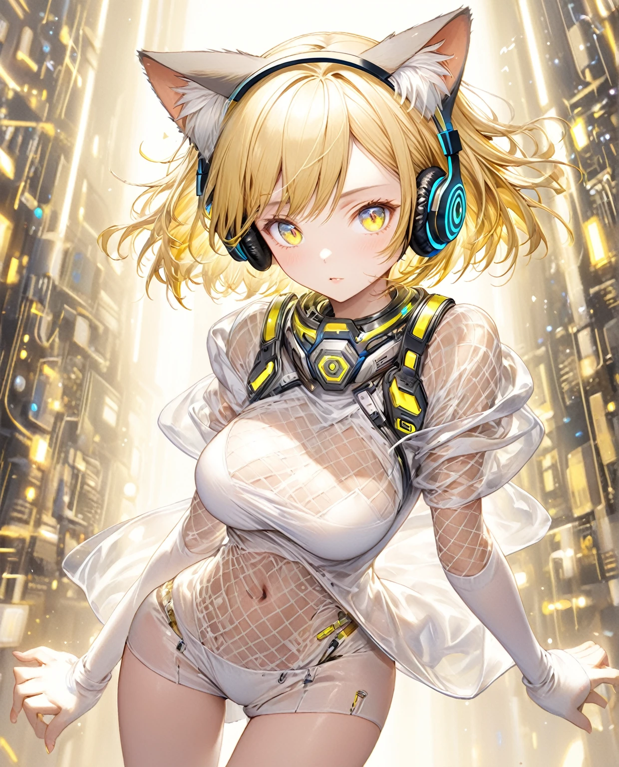 (Highest quality,8k,32K,masterpiece,Ultra-high resolution :1.2 ),born,One girl,Super cute,Natural light,Clear, shining eyes,20-year-old,Fair skin,Fantasy background of a computer-like electronic world,Blonde Hair,Hairstyle with some white mesh,short hair,Large Breasts,Cyber clothes,Wearing headphones with cat ears,The wind is blowing,Vibrant