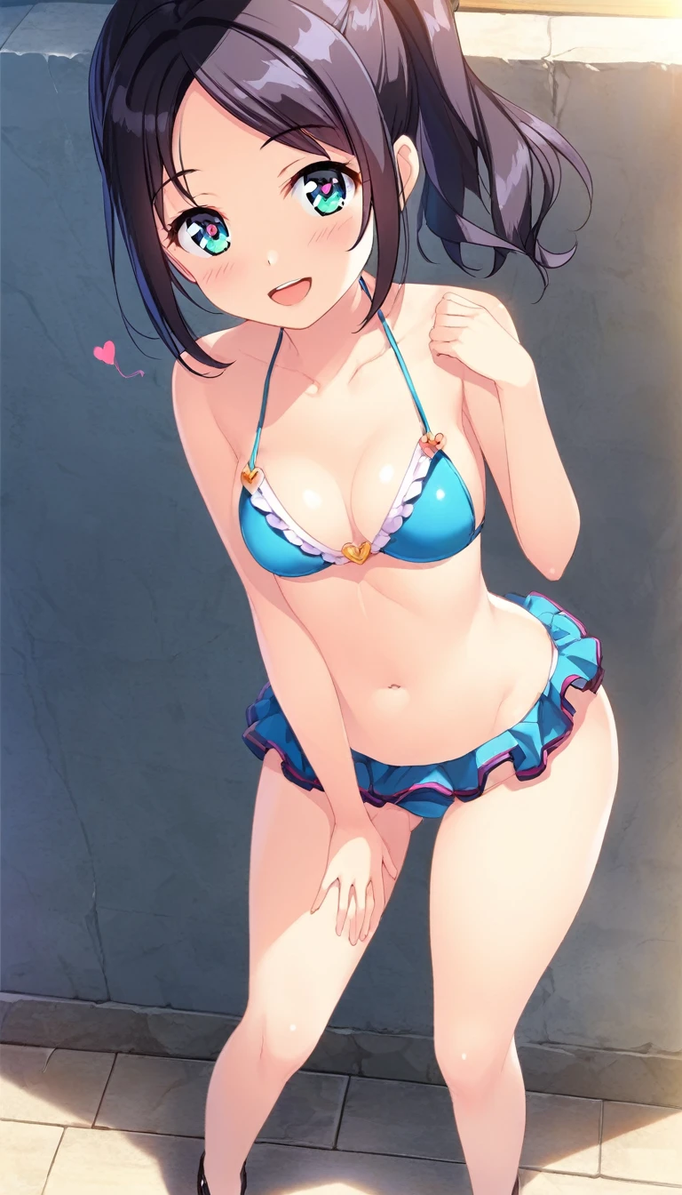 One girl, Slight bulge in the crotch, , Young girl, mesugaki, Mesgaquismiles, boyish, Black Hair, bikini, Long ruffled skirt, breasts, Big Ass, Thick thighs, teasing, Naughty Looks, Heart Eyes, Lower Arm, Girl puts hand on crotch, Neat, Focus on the girl, Glowing Skin, Oily skin, gravure, pin up, Junior idol, Image Video, masterpiece:2, 最high quality, high quality, Very detailed, Ultra-high resolution, Ultra-high resolution, Beautiful details, Dynamic Angle, Perfect lighting, 8k, Animation Style, Manga style, Game CG, software
