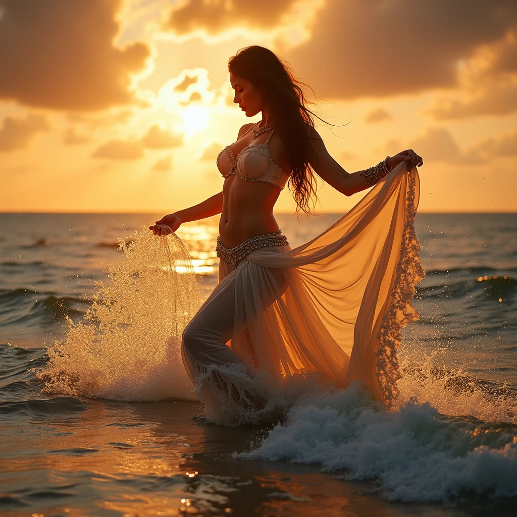 Create a realistic and detailed depiction of a belly dancer performing gracefully on the surface of shimmering ocean waves. Her coordinated movements ripple the water, spraying droplets in all directions. The vibrant sun begins to set, casting feathered clouds overhead and bathing her in warm golden light, studio light on her front side