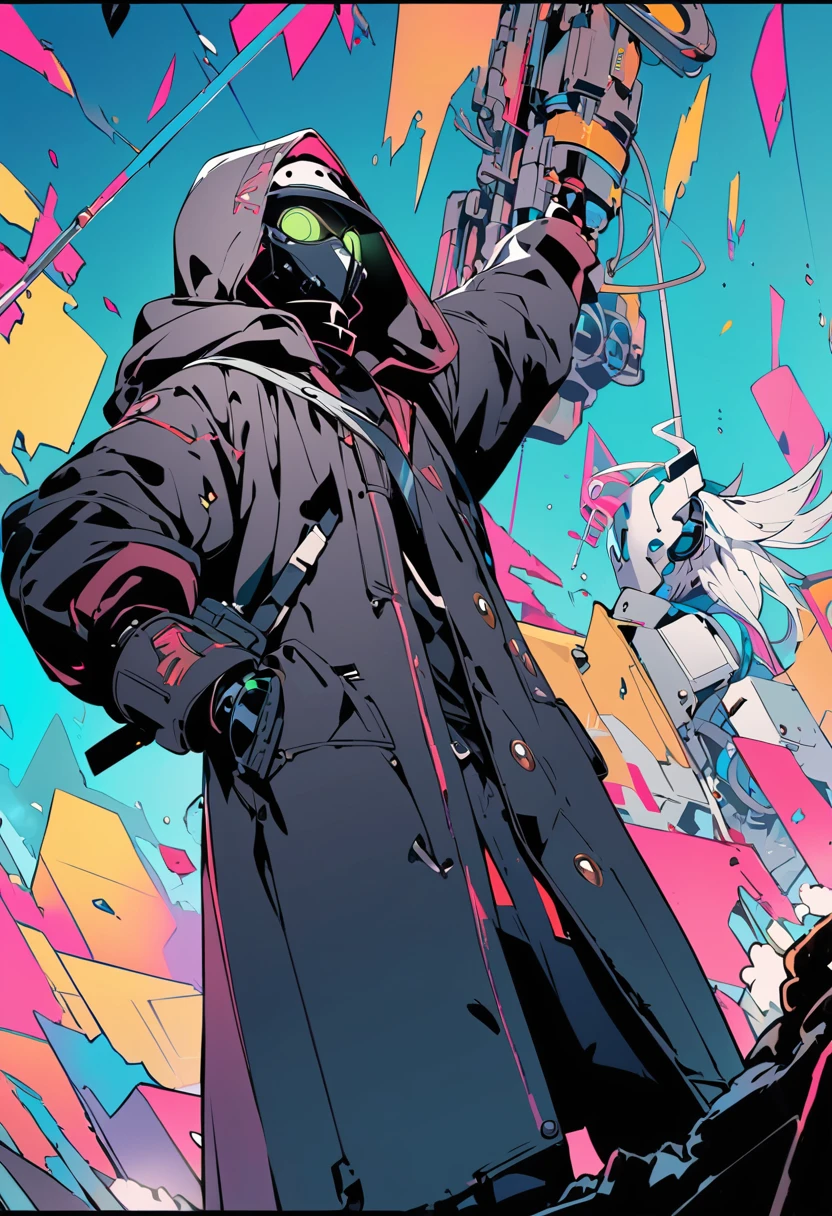 (masterpiece, best quality:1.1), (ultra highres, ultra-detailed:1.2),(doodle),pop-art,(pastel color,flatcolor),one (chibi-boy),(male Mad-scientist,short hight),(wearing plague-doctor costume,white beak-mask),eyes glow pastelcolor,black hood,black lab-coat, mecha arm, BREAK boy pose,in mechanical ruins,absurdity, extraordinary,dynamic angle,