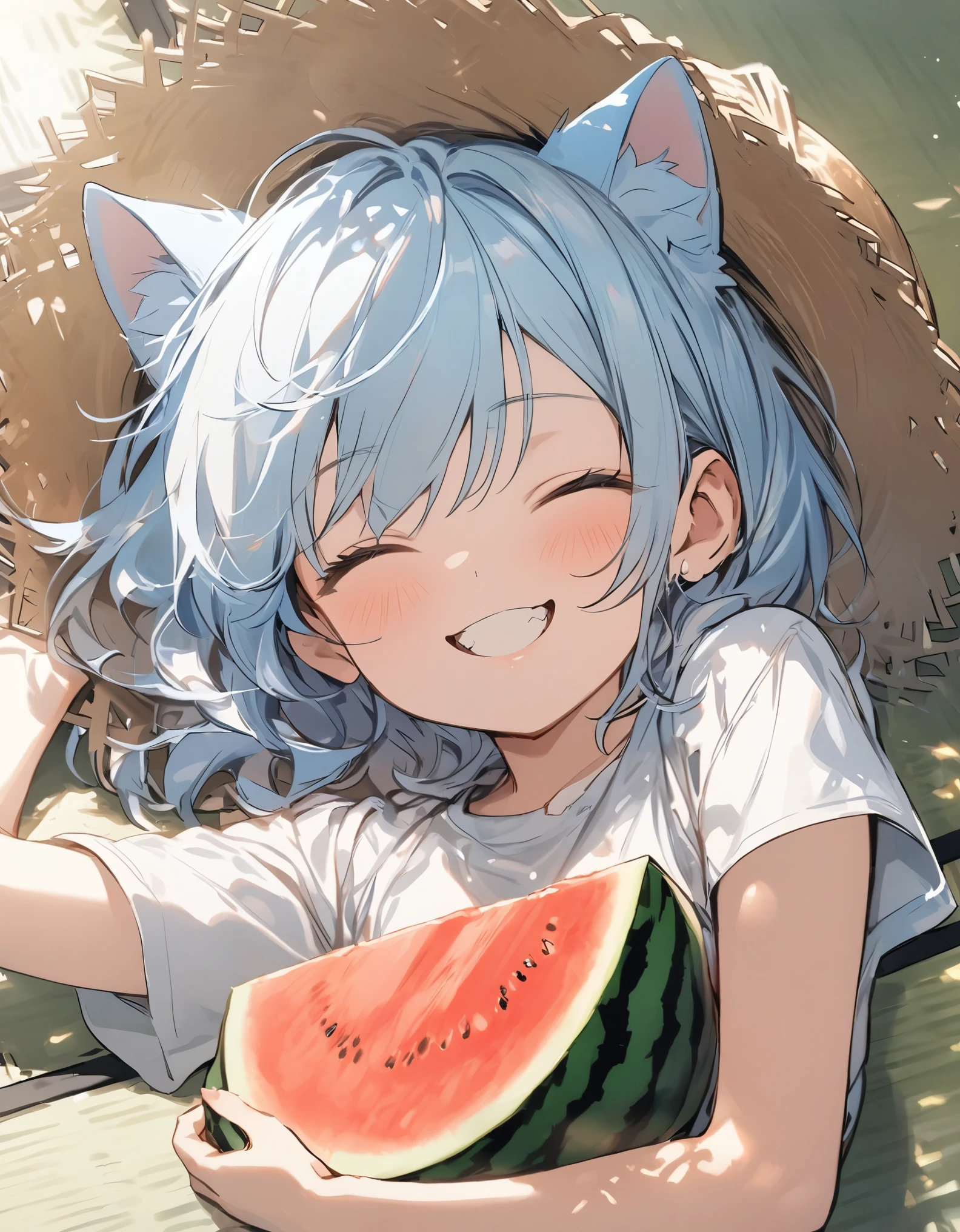 Masterpiece, 10 year old girl, light blue hair, short hair, cat ears, Smiling, short-sleeved clothes, Shorts, wear a straw hat, daytime, (((lie down on the tatami))), upper body, There is a watermelon, There is a fan