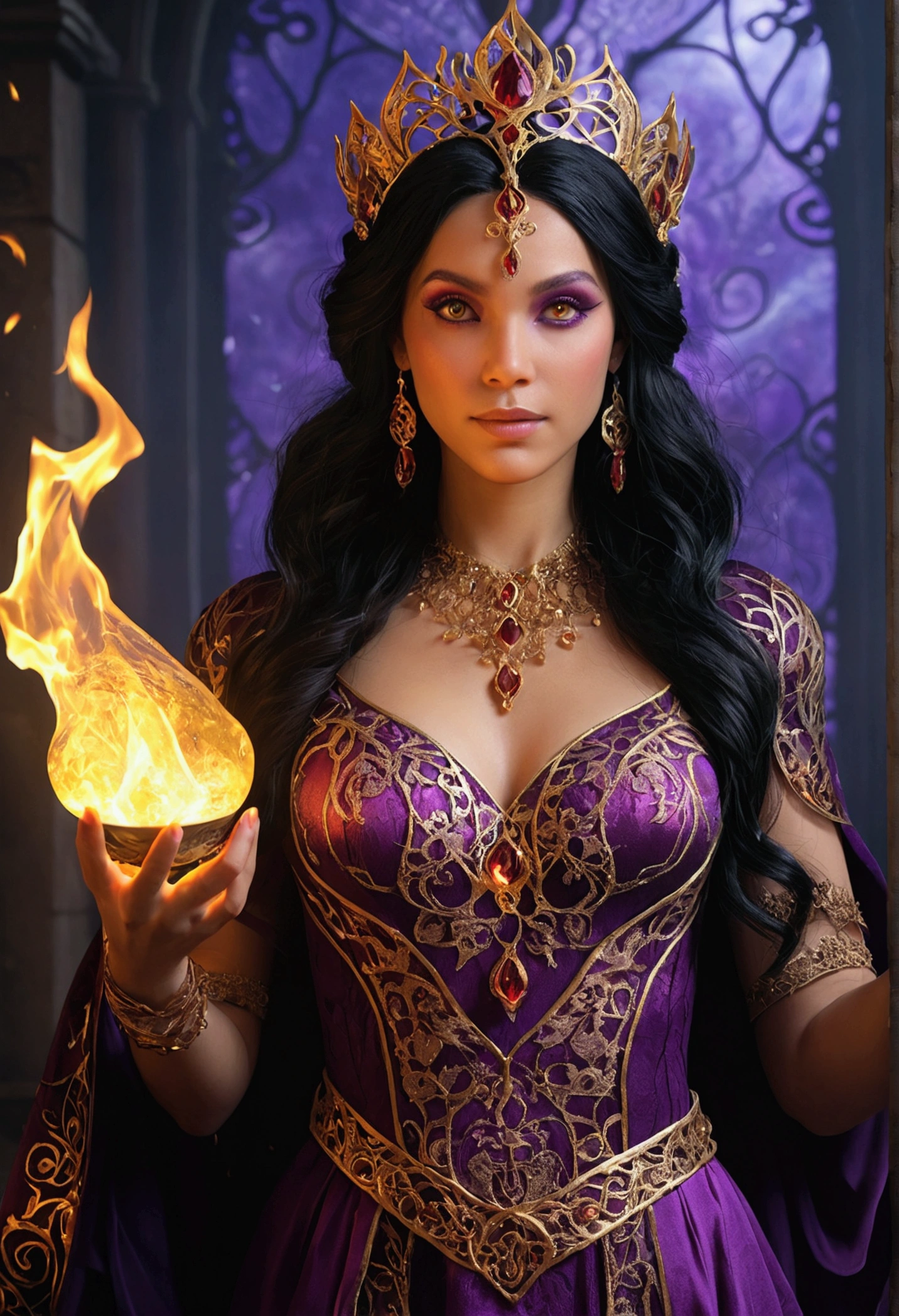 (((Fire Goddess UHD)))Super-Realistic, Standing up showing all her realistic 8K purple lace dress , black hair, first, gilded, cos full cos, Detailed hands with ruby ring, age 38, Mysterious front image ::8, Flowing mantle, Intricate Purple Makeup Patterns ::7, cos ::6, Enchanted Aura, glowing magic ::5, At your card table, Bubbling Potion ::4, Magic ingredients, spell books ::3, gesto de spellcasting ::2, mystical ambient, supernatural presence ::1. Smoke and atmosphere: , 16K.
