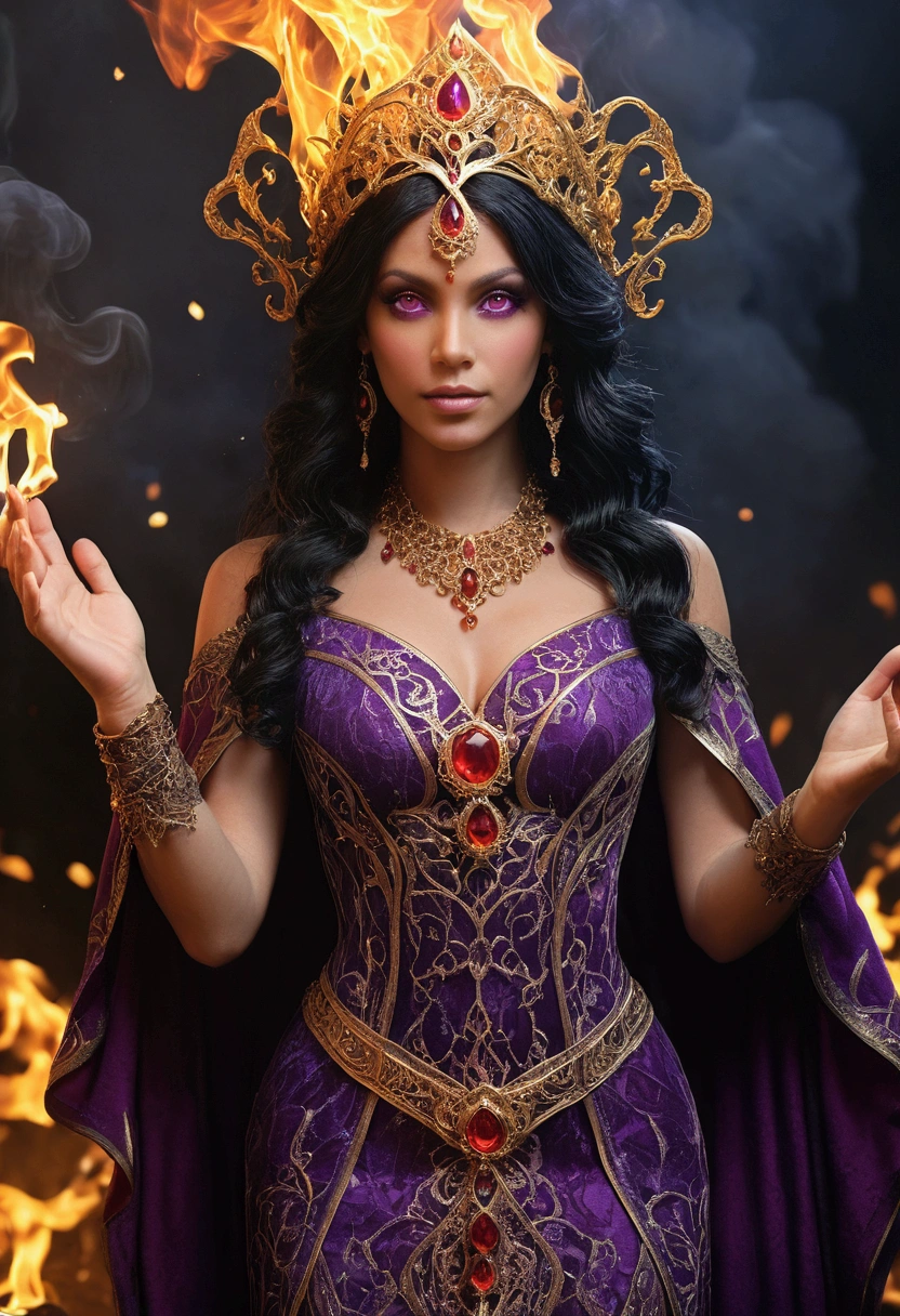 (((Fire Goddess UHD)))Super-Realistic, Standing up showing all her realistic 8K purple lace dress , black hair, first, gilded, cos full cos, Detailed hands with ruby ring, age 38, Mysterious front image ::8, Flowing mantle, Intricate Purple Makeup Patterns ::7, cos ::6, Enchanted Aura, glowing magic ::5, At your card table, Bubbling Potion ::4, Magic ingredients, spell books ::3, gesto de spellcasting ::2, mystical ambient, supernatural presence ::1. Smoke and atmosphere: , 16K.