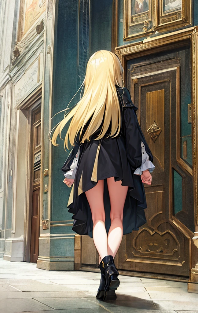 masterpiece, Highest quality, ultra-detaileded, city, street, Gothic, steampunk, shape, One Girl, (alone), Platinum Long Hair, boots, From behind, Vintage, antique, brass, Metal, Equipment, mechanical, wonderful, elegant, Classic, Sophisticated, Sophisticated, Ready, Contemplative, Thoughtful, Curious, mysterious, mysterious, magic, Cautious, intellectual, Book lover, Contrast, perspective, depth, texture, detailed, リアrhythm, Impressionism, Expressionistic, Abstract, Surreal, Innovative, Experimental, personality, atmosphere, atmosphere, Feeling, Nostalgia, historic, cultural, technical, Industrial applications, Fantasy, imagine, creativity, Artistry, Craftsmanship, skill, Accuracy, detailed, composition, balance, Harmony, rhythm, colorful, dark, reflection, refraction, prospect, Middle Way, background, Vanishing Point, horizon, concentrated, Naturalistic, Figurative, Expressive,
