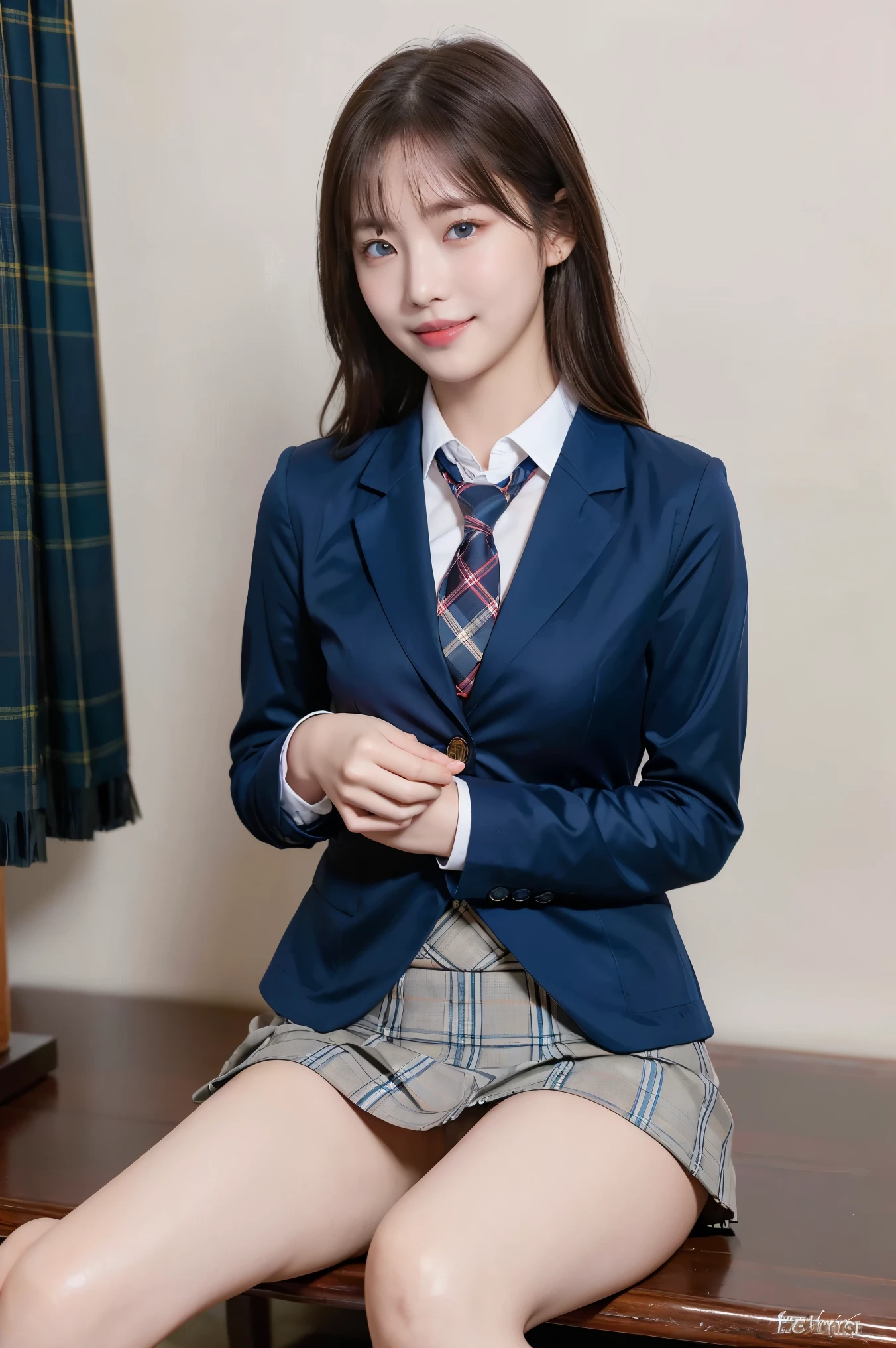 (8k), (highest quality: 1.2), (Realistic), (Realistic: 1.37), Ultra-high resolution, (1 girl), cute, blush,(led lip:1.2),(Embarrassed smile:1.5), (heterochromia,red eye,blue eye:1.5),Beautiful details, Beautiful Nose, straight silky Hair, Thighs，Self Snap,University Uniforms,(A simple dark brown blazer:1.4),(Pleated skirt:1.2),(The skirt and tie are tartan check pattern.:1.3),(Sitting:1),(Hold my feet:1),(Shiny legs:1.3),from the front,knees