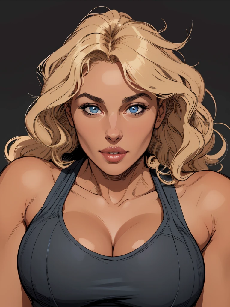 
Flat colors,half body, Portrait of a 37year old surfer looking girl, tan skin, ([ Blue Eyes]) blonde wavy hair, natural beaty, ((Beautiful lips)) Sexy face, sexy look, lookind directly into camera,  high rise tank-top, perfect sized breasts, cleavage, beautiful, masterpiece, (([dark grey background]))

