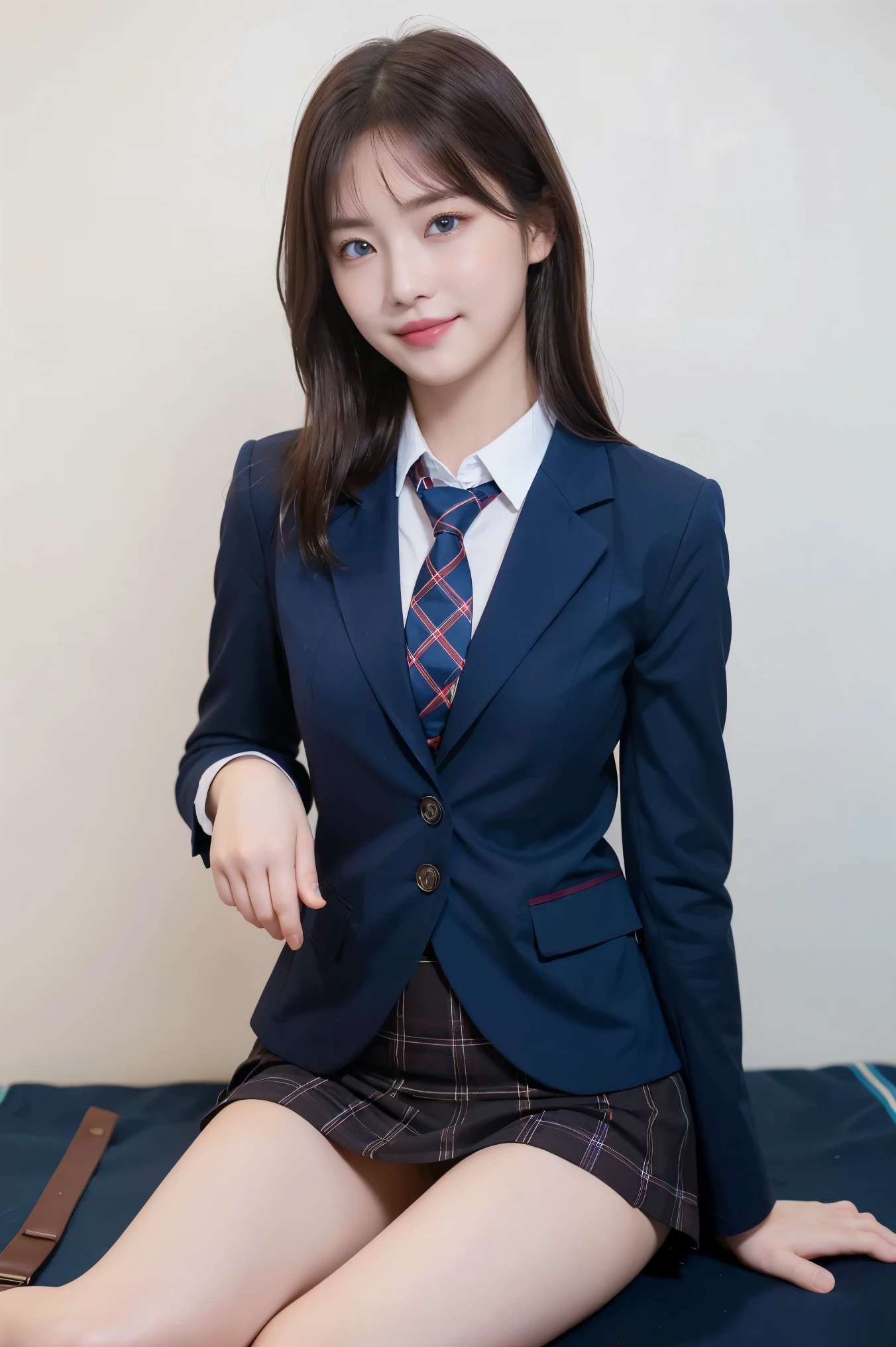 (8k), (highest quality: 1.2), (Realistic), (Realistic: 1.37), Ultra-high resolution, (1 girl), cute, blush,led lip,(Embarrassed smile:1.5), (heterochromia,red eye,blue eye:1.5),Beautiful details, Beautiful Nose, straight silky Hair, Thighs,Self Snap,University Uniforms,(A simple dark brown blazer:1.4),(Pleated skirt:1.2),(The skirt and tie are tartan check pattern.:1.3),(Sitting:1),(Hold my feet:1),(Shiny legs:1.2),from the front,knees