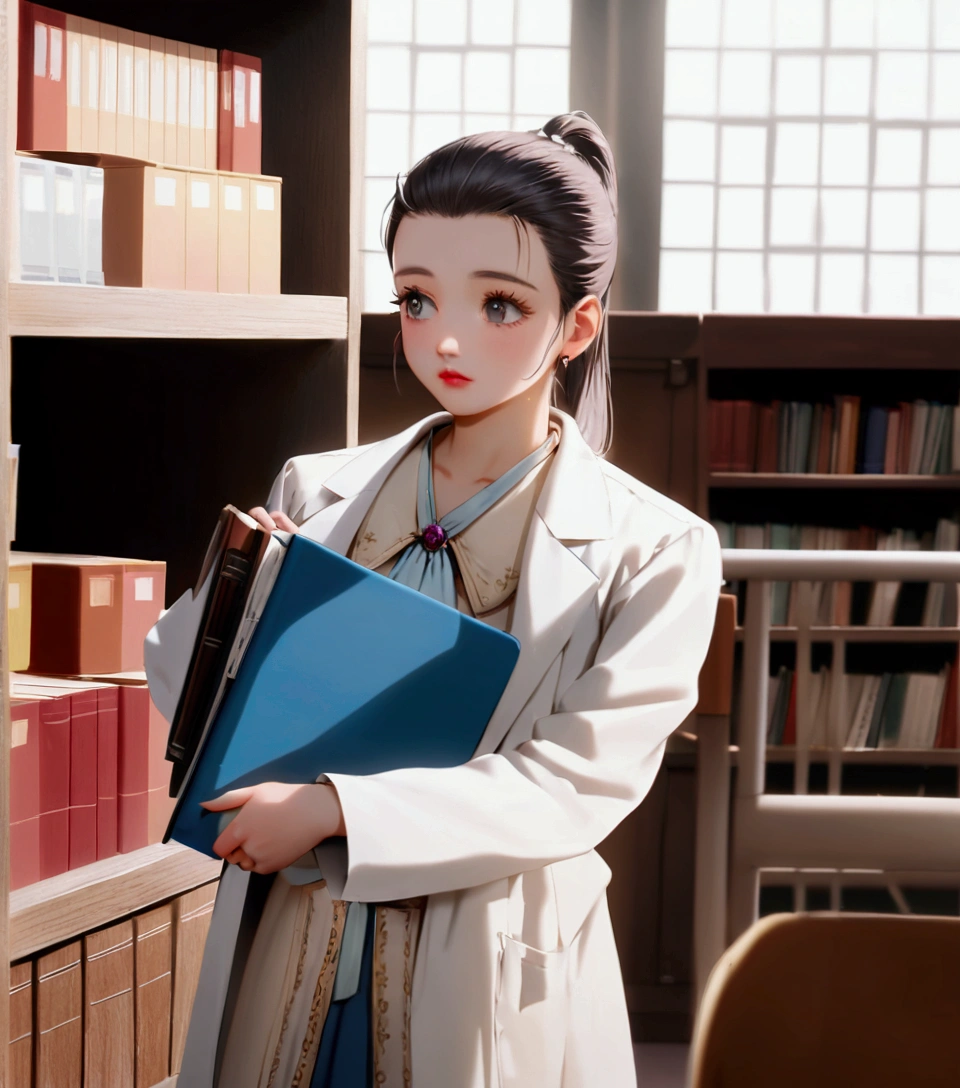 (ponytail forehead hair pulled back:1.3), arafed woman in lab coat holding a folder in a library, wearing lab coat and a blouse, bae suzy, doctor, with a lab coat, (doctor), wearing a labcoat, wearing lab coat, medical doctor, wearing a white lab coat, song hye - kyo, jaeyeon nam, scene from live action movie, wearing a lab coat, white lab coat, kawaii style, , fairycore, dreamy style, victorian gothic loliashion,