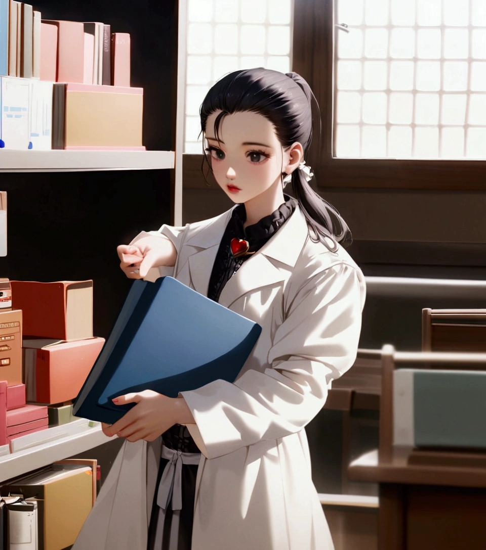 (ponytail forehead hair pulled back:1.3), arafed woman in lab coat holding a folder in a library, wearing lab coat and a blouse, bae suzy, doctor, with a lab coat, (doctor), wearing a labcoat, wearing lab coat, medical doctor, wearing a white lab coat, song hye - kyo, jaeyeon nam, scene from live action movie, wearing a lab coat, white lab coat,  kawaii style, loli, fairycore, dreamy style, victorian gothic lolita fashion,