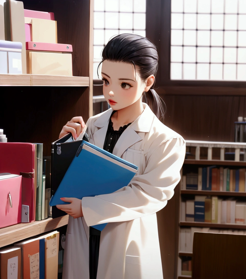 (ponytail forehead hair pulled back:1.3), arafed woman in lab coat holding a folder in a library, wearing lab coat and a blouse, bae suzy, doctor, with a lab coat, (doctor), wearing a labcoat, wearing lab coat, medical doctor, wearing a white lab coat, song hye - kyo, jaeyeon nam, scene from live action movie, wearing a lab coat, white lab coat,  kawaii style, loli, fairycore, dreamy style, victorian gothic lolita fashion,