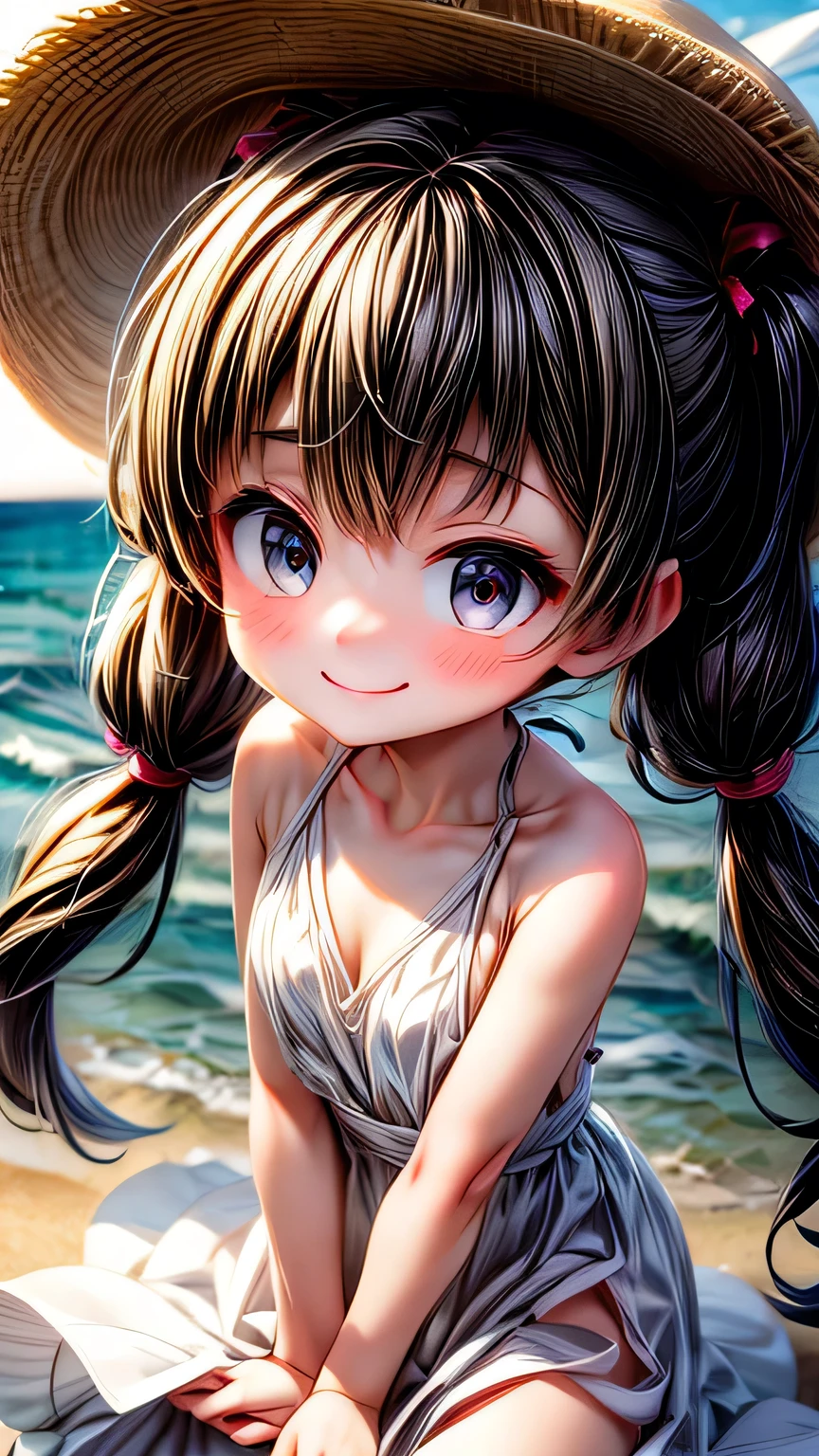 最high quality, masterpiece, , ,short, Huge breasts, Black Hair,Low twin tails, Black eyes, Yukinecris, Thin twin tails,, Beach, Ocean, White Dress, White Skirt, White dress, Straw hat,  (((shy))), (Happy), Leaning forward, summer, From above, Reaching out, smile, masterpiece, 最high quality, high quality, High resolution､ ((smile)), smileで､((Random pose))､(((Face close-up)))