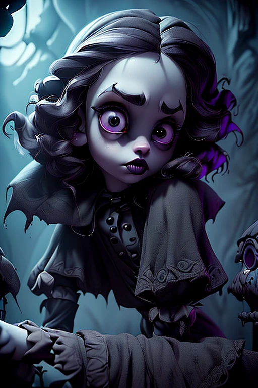 a young girl with pale skin, large eyes, and dark hair, (gothic fashion, moody atmosphere, eerie glowing lights, dark shadows, mysterious vibe:1.2), (highly detailed, cinematic lighting, masterpiece:1.3), (tim burton style, surreal, whimsical, gothic, moody:1.4), (dramatic contrast, muted color palette, (blue and purple color tones:1.1)), (intricate details, impeccable rendering, photorealistic:1.4)