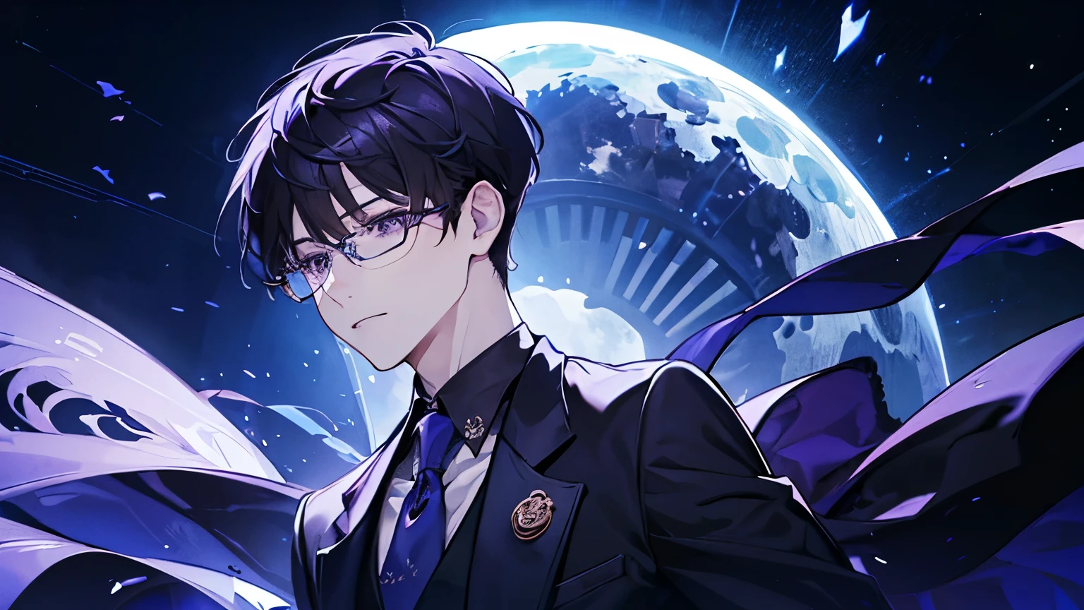 One Man、Rin々Shii、Dark Brown Hair、Purple Eyes、In a suit、Blue tie、Short Hair、The right eye is hidden by bangs、Glasses、Close-up of face、full moon