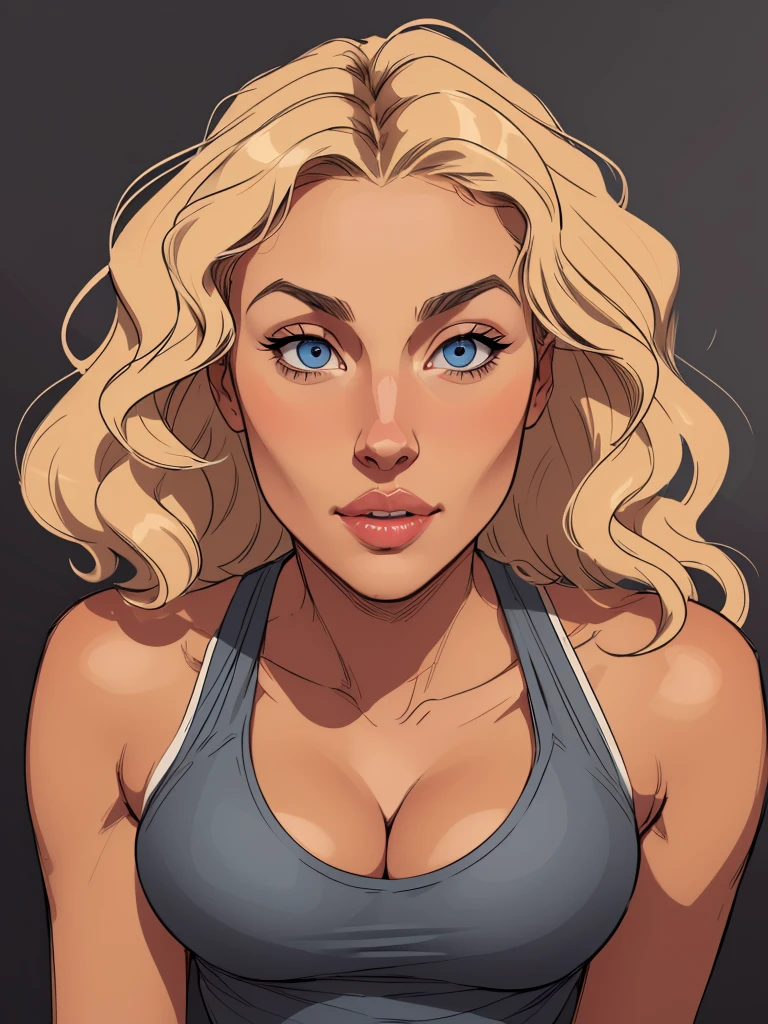 
Flat colors,half body, Portrait of a 37year old surfer looking girl, tan skin, ([ Blue Eyes]) blonde wavy hair, natural beaty, ((Beautiful lips)) Sexy face, sexy look, lookind directly into camera,  high rise tank-top, perfect sized breasts, cleavage, beautiful, masterpiece, (([dark grey background]))

