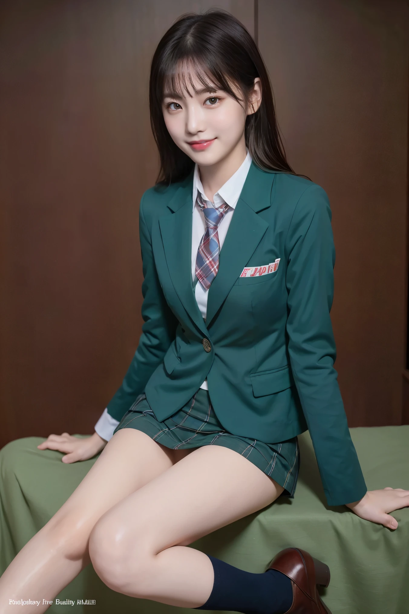 (8k), (highest quality: 1.2), (Realistic), (Realistic: 1.37), Ultra-high resolution, (1 girl), cute, blush,led lip,(Embarrassed smile:1.5), (heterochromia,red eye,blue eye),Beautiful details, Beautiful Nose, straight silky Hair, Thighs，Self Snap,University Uniforms,(A simple dark green blazer:1.4),(Pleated skirt:1.2),(The skirt and tie are tartan check pattern.:1.3),(Sitting:1),(Hold my feet:1),(Shiny legs:1.2),from the front,knees