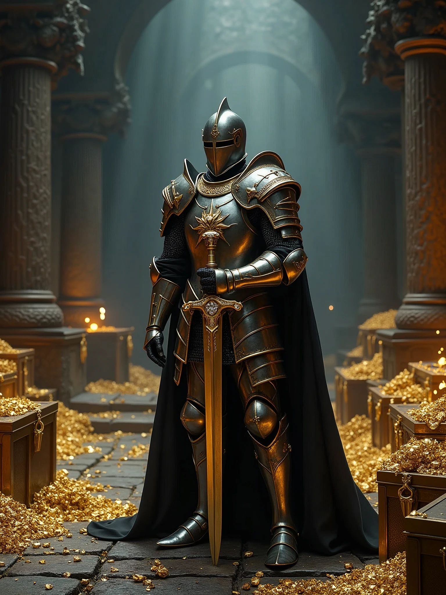 (masterpiece:1.2), (best quality:1.2), 8k, HDR, ultra detailed, ((photorealistic)), professional light, cinematic lighting, fashion photography, ambient lighting, background, a dark medieval dungeon, Darkness, epiCPhoto, stairs, A knight in armor holding a golden sword, with diamonds, treasures, treasure chests, and gold and silver treasures all over the ground.