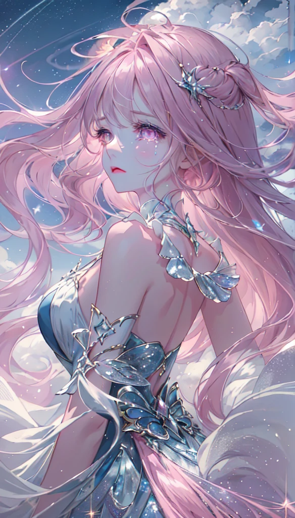 masterpiece, Highest quality, Movie stills, One girl, Floating in the sky, cloud girl, cloud, (close:1.1), , Soft lighting, Volumetric lighting, Sparkling, Sparkling, Swirl, Abstract, Expressive、tears、One girl, solo,Long Hair, Pink Hair、Sparkling、Pink eyes, Pink Hair, Lens flare, Are crying