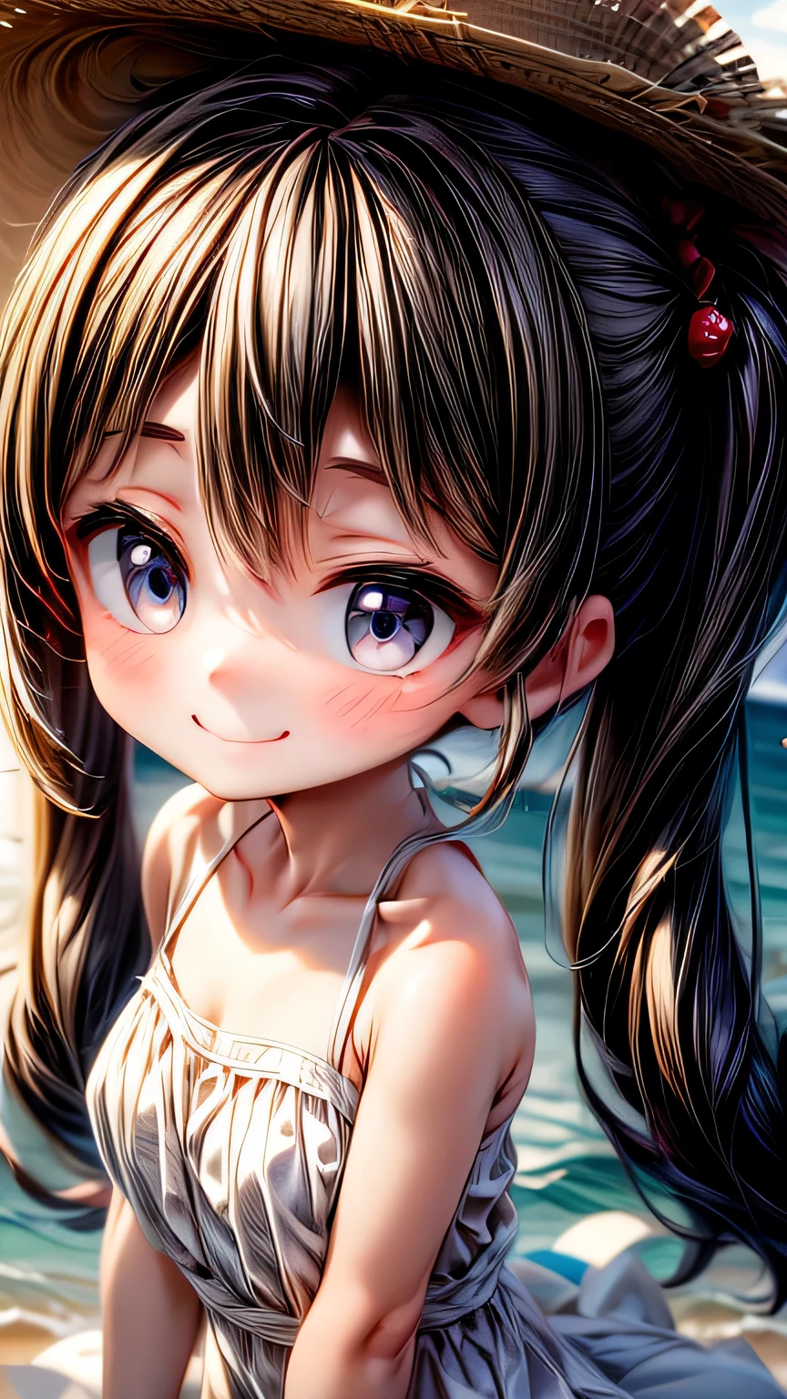 (((Face close-up))), 最high quality, masterpiece, , ,short, Huge breasts, Black Hair,Low twin tails, Black eyes, Yukinecris, Thin twin tails,, Beach, Ocean, White Dress, White Skirt, White dress, Straw hat, (((shy))), (Happy), Leaning forward, summer, From above, Reaching out, smile, masterpiece, 最high quality, high quality, High resolution、 ((smile)), smileで、((Random pose))、(((Face close-up)))