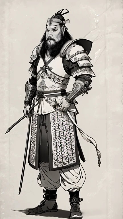 (((Monochrome)))、(((Ink Painting)))、((ancient chinese leather armor、Bearded man with a hair bun and a white swimming cap))、Put your hands down、Line art、Oriental、Ultra-high resolution、Game Poster、Crisp and beautiful image quality、whole body ,(((Ancient Chinese armor, Dragon head on shoulder, (Ancient Chinese armor with intricate pattern:1.2))), gloves, Long trousers, (Very detailed, bloom:1.5), (Highest quality, Concept Art, 4K), (analog:1.2), (high sharpness), (Detailed pupil:1.1), Detailed face and eyes, masterpiece, Highest quality,8k, (Black Hair, Dynamic Short Hair), (PurerosFace_v1:0.2), [:(Detailed face:1.2):0.2], sharp, Realistic Shadows, 