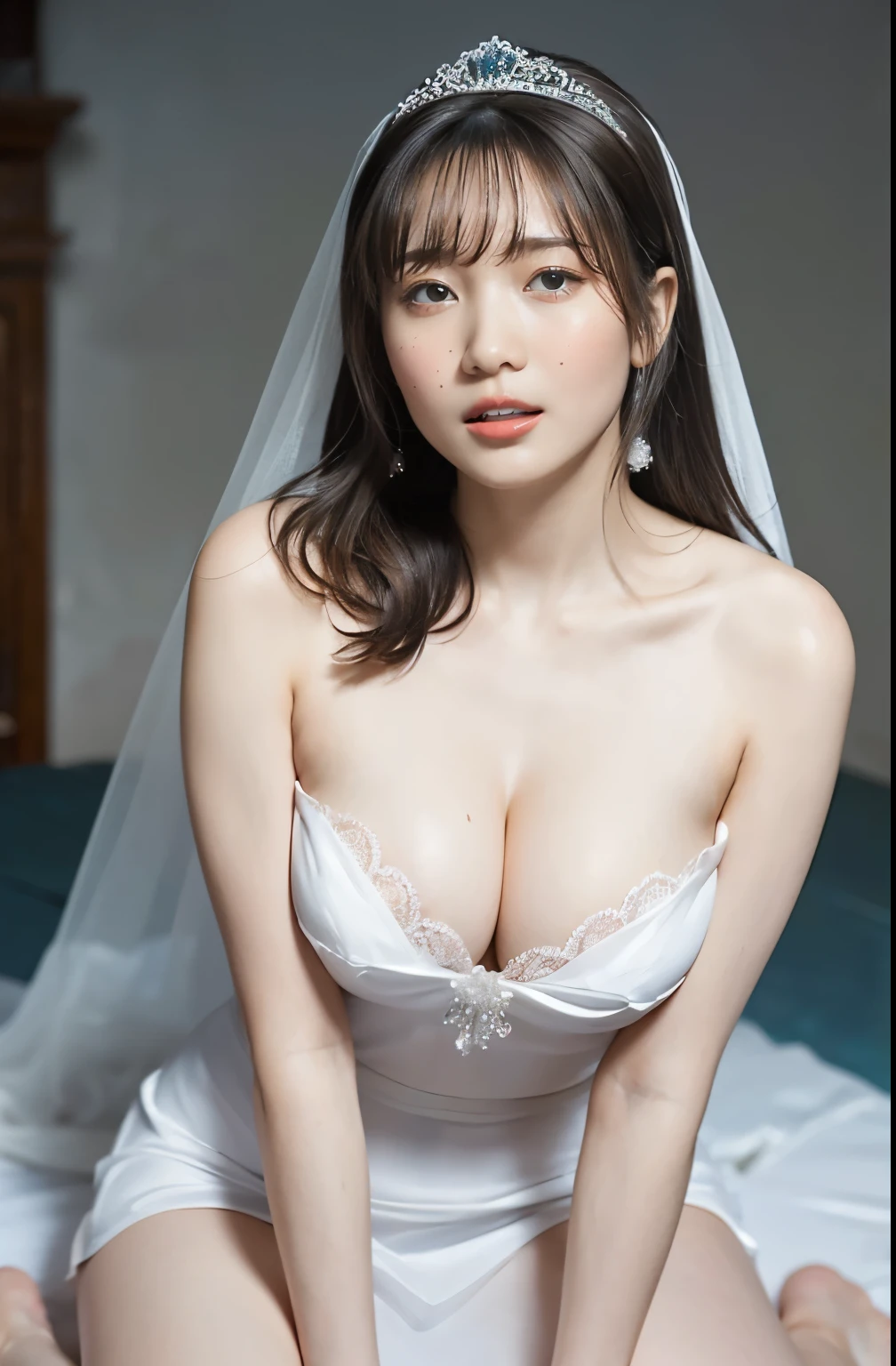 naked,Like the whole body," shape, Bride's white outfit, small silver tiara,huge ,sloppy and droopy breasts, Heavy chest almost exposed ,Fully visible bust,Sheer princess skirt,Church wedding,There is a large crowd of participants behind you, Perfect body, (Highest quality, 4K, 8k, High resolution, Tabletop:1.2), Very detailed, (Realistic, Realistic, Photorealistic:1.37), Royal, Enchanting, (Vibrant colors, Sharp Chest:1.1), Soft lighting", (((100% Transparent dress))). (((100% Transparent panties))). Deep cleavage. (((100%-Good transparency))). Navel exposed. (((Narrow waist))). (((Orgasm Facial))). (((Open your mouth))), (((Narrow waist))), (((Perfect sexy body))), (((Heavy chest)))),(((perfect proportion))), (((orgasm face))),(((open mouth half))), (((insert hand between legs)))